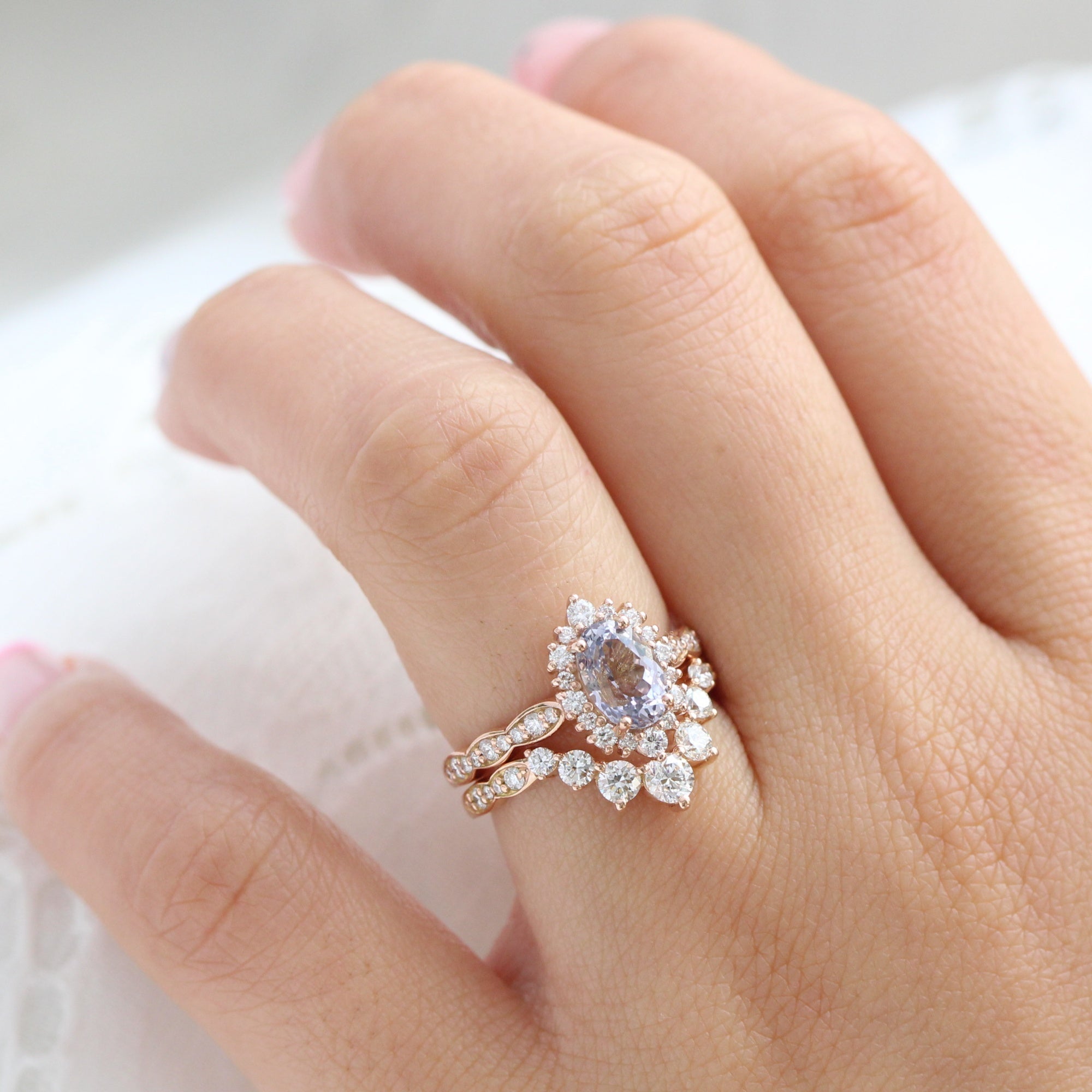 oval lavender sapphire ring rose gold halo diamond ring scalloped diamond band la more design jewelry
