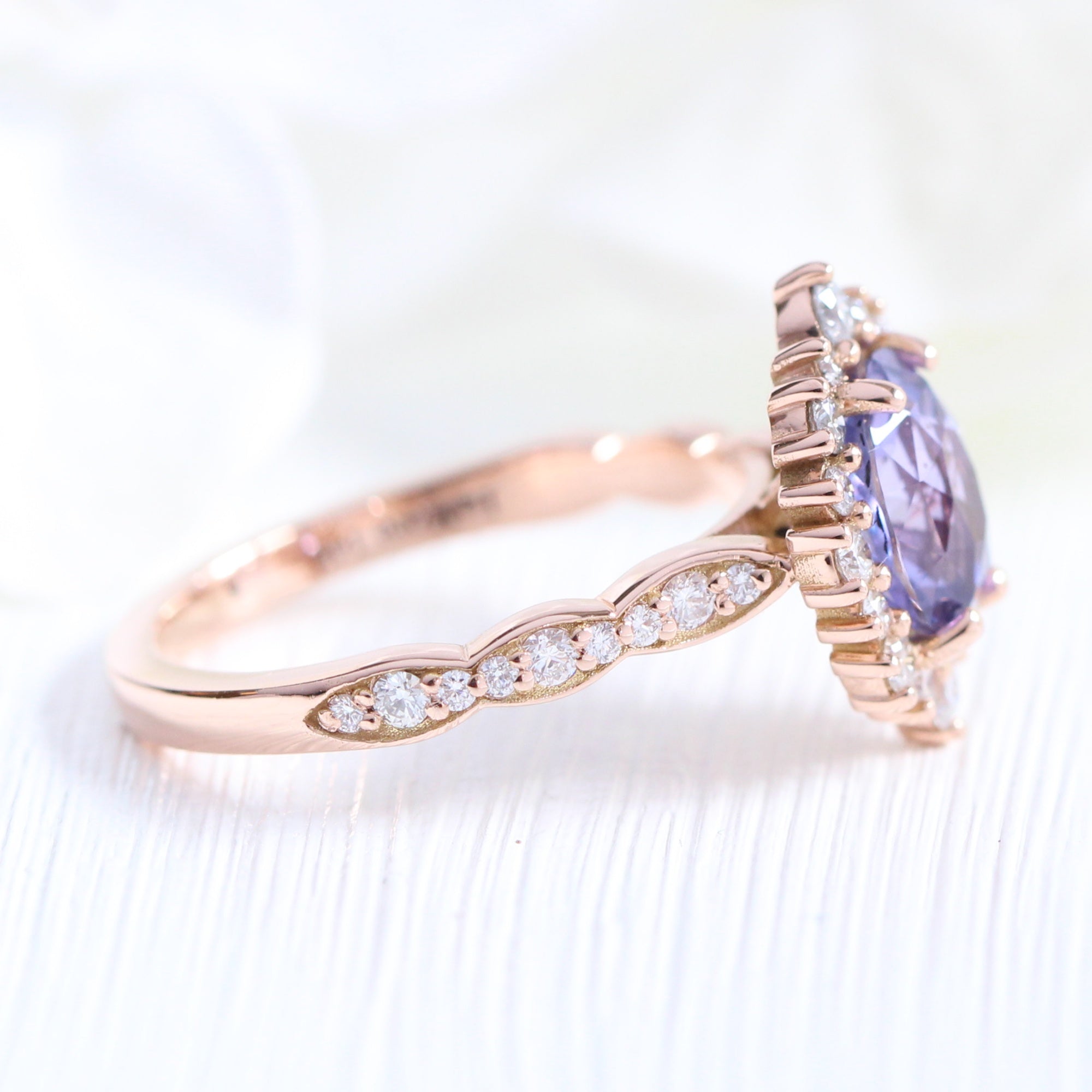 oval lavender sapphire ring rose gold halo diamond ring scalloped diamond band la more design jewelry