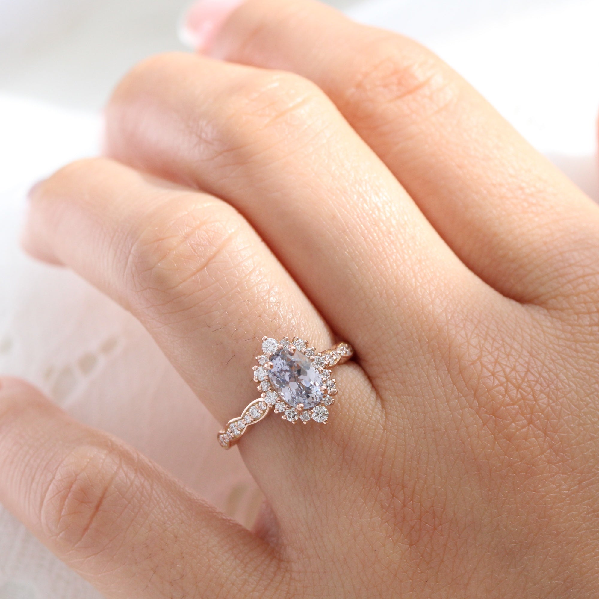 oval lavender sapphire ring rose gold halo diamond ring scalloped diamond band la more design jewelry