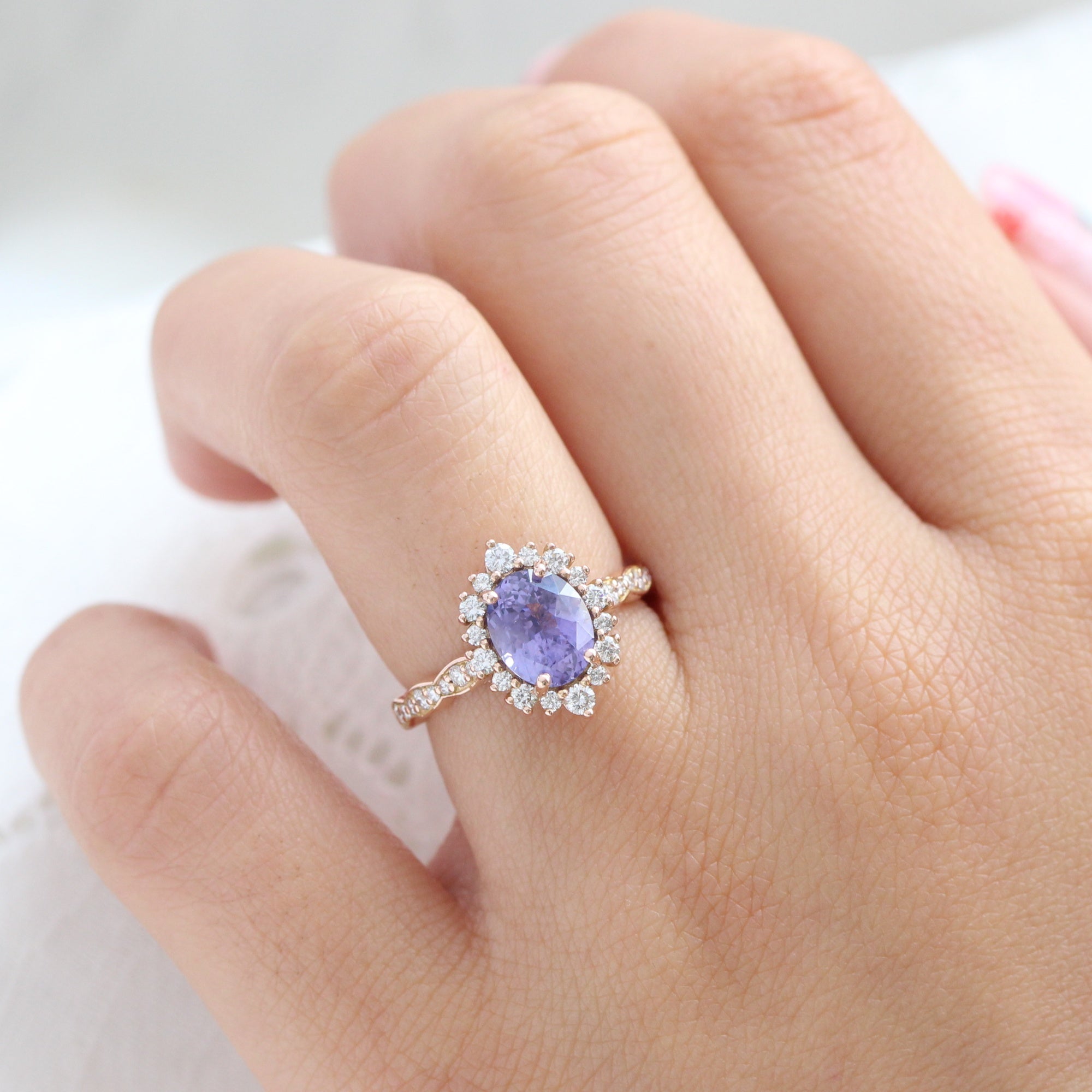 oval lavender sapphire ring rose gold halo diamond ring scalloped diamond band la more design jewelry