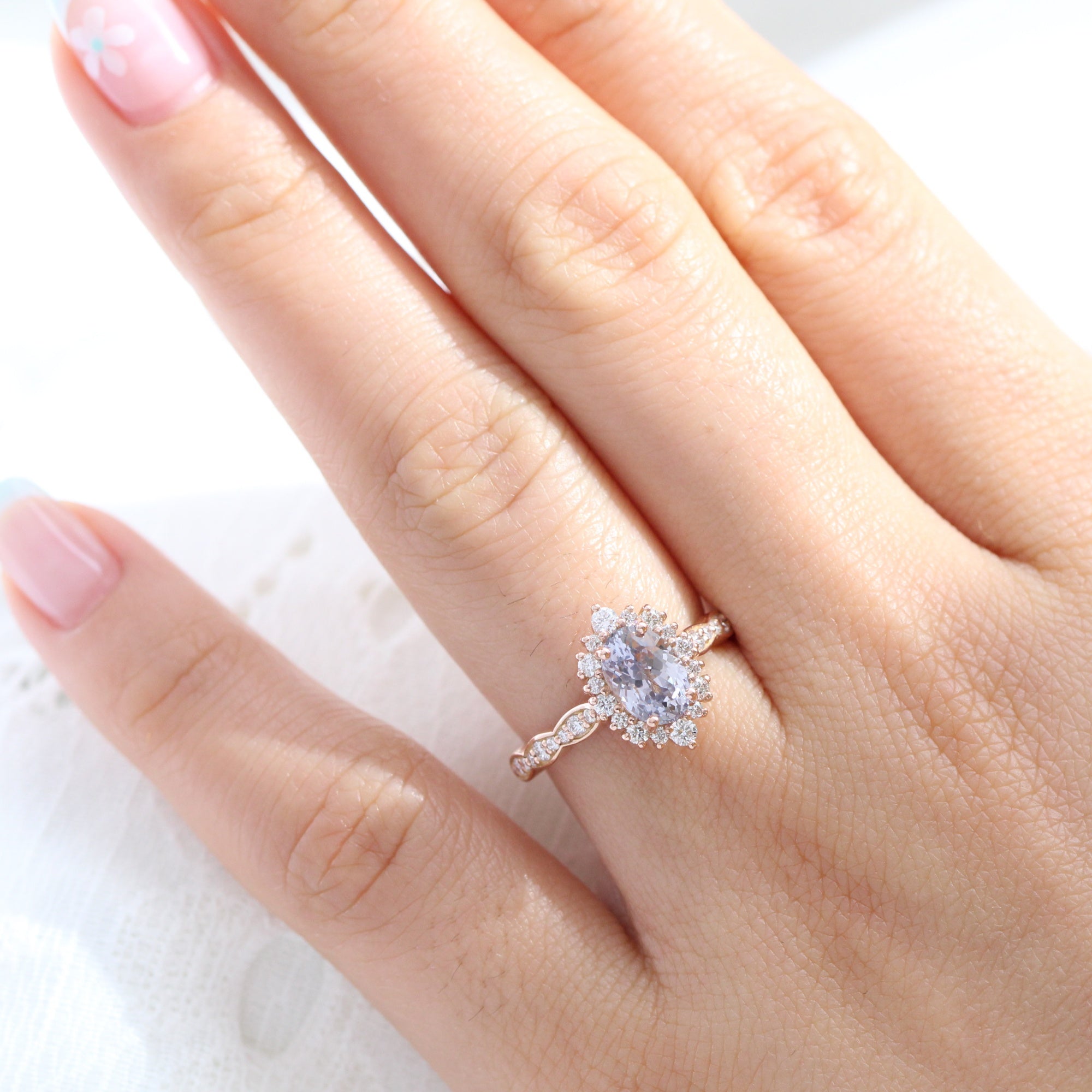 oval lavender sapphire ring rose gold halo diamond ring scalloped diamond band la more design jewelry