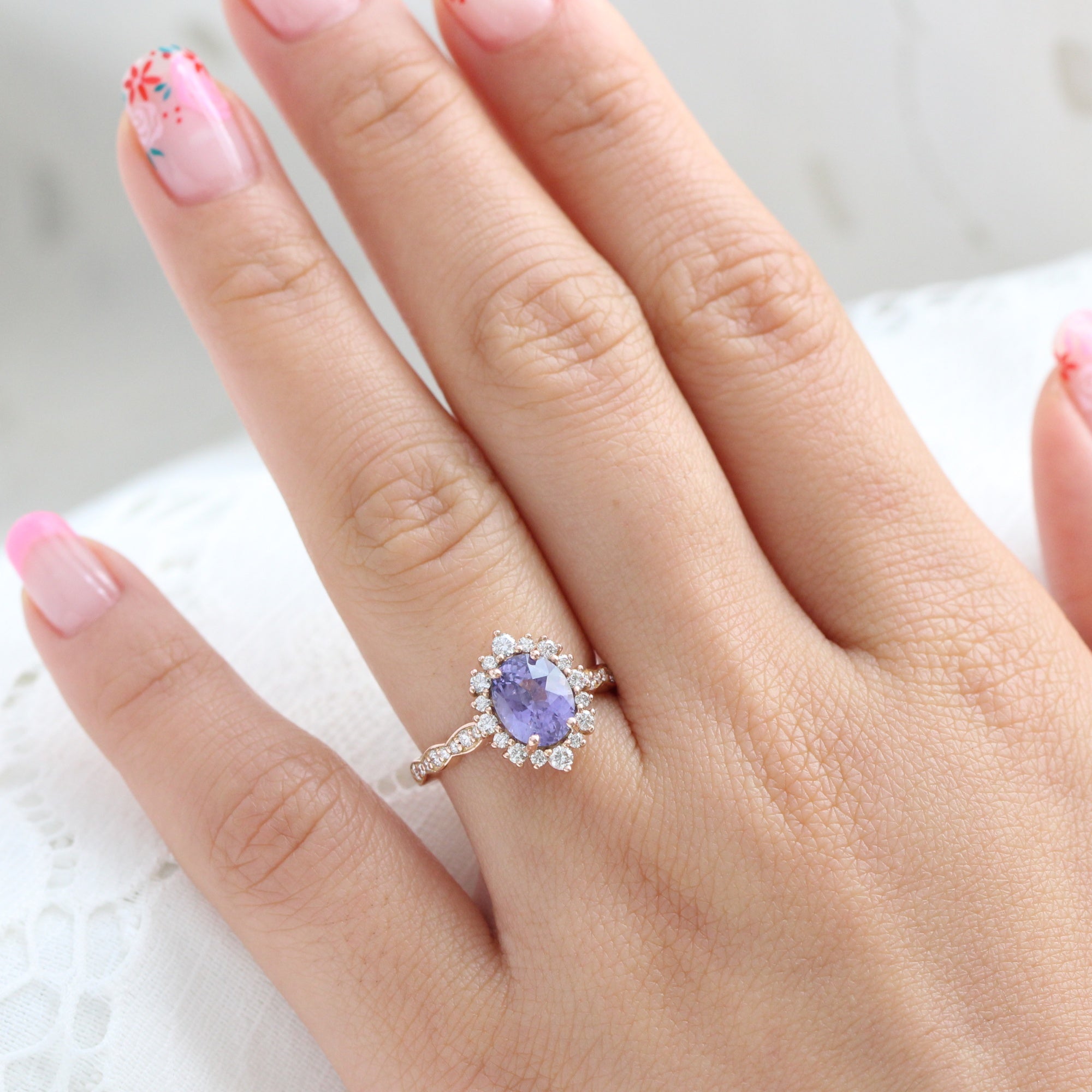 oval lavender sapphire ring rose gold halo diamond ring scalloped diamond band la more design jewelry