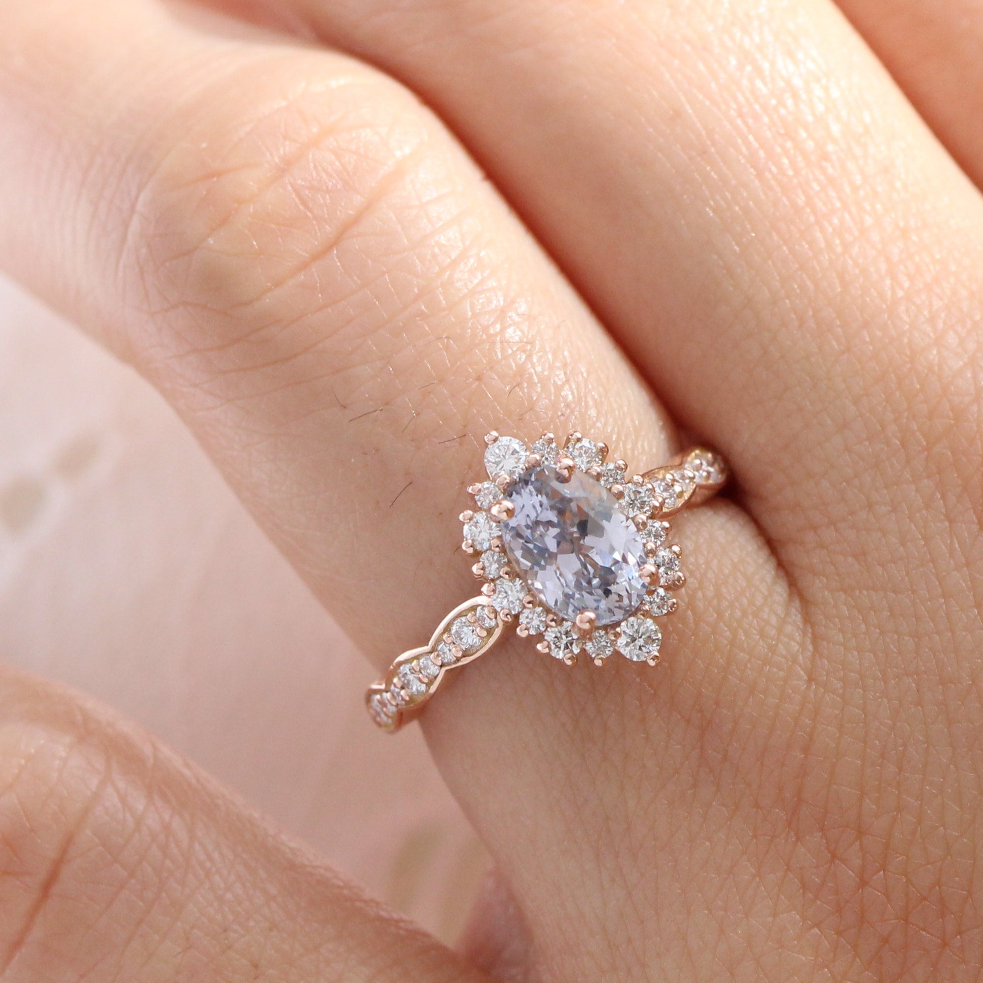 oval lavender sapphire ring rose gold halo diamond ring scalloped diamond band la more design jewelry