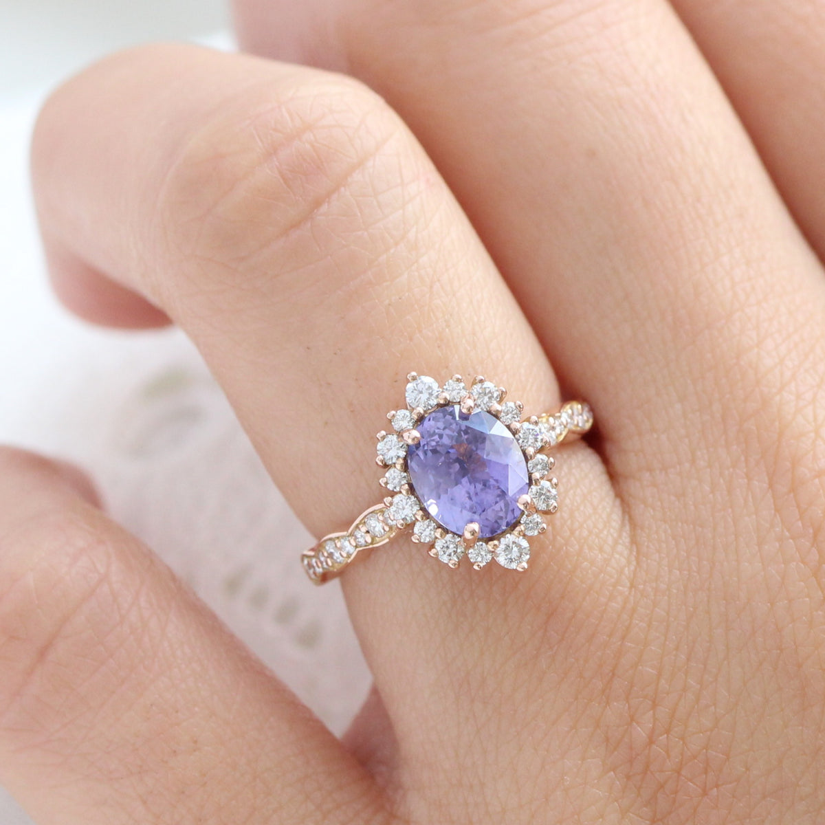 oval lavender sapphire ring rose gold halo diamond ring scalloped diamond band la more design jewelry
