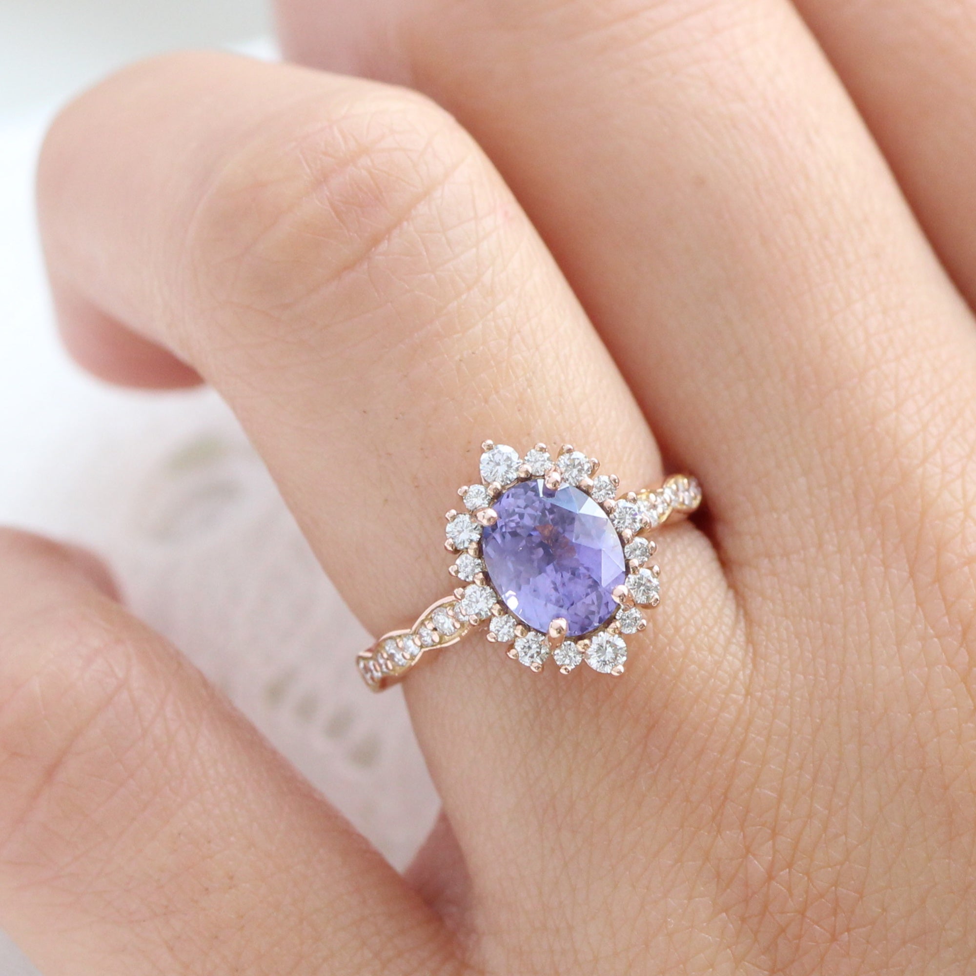 oval lavender sapphire ring rose gold halo diamond ring scalloped diamond band la more design jewelry