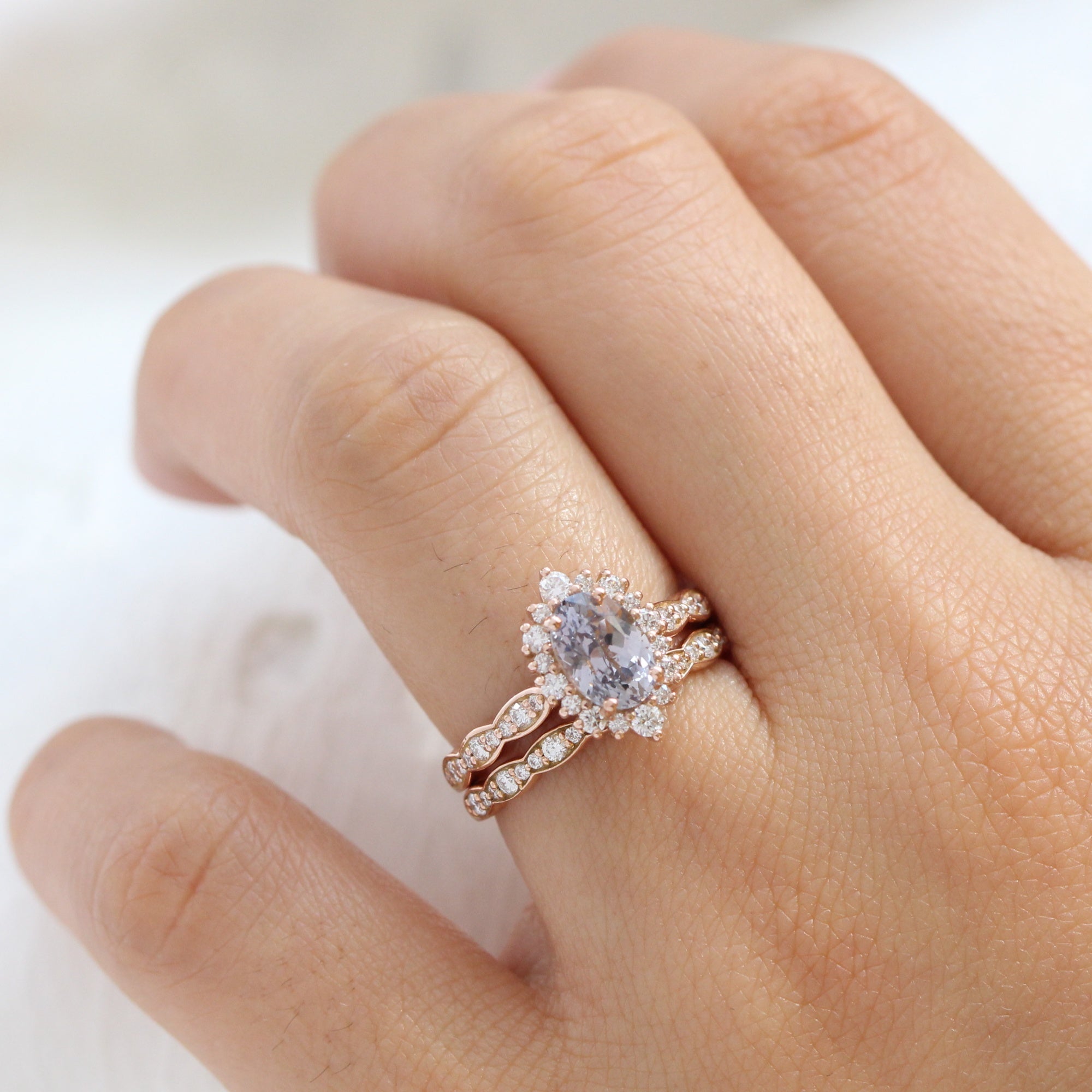 oval lavender sapphire ring rose gold halo diamond ring scalloped diamond band la more design jewelry
