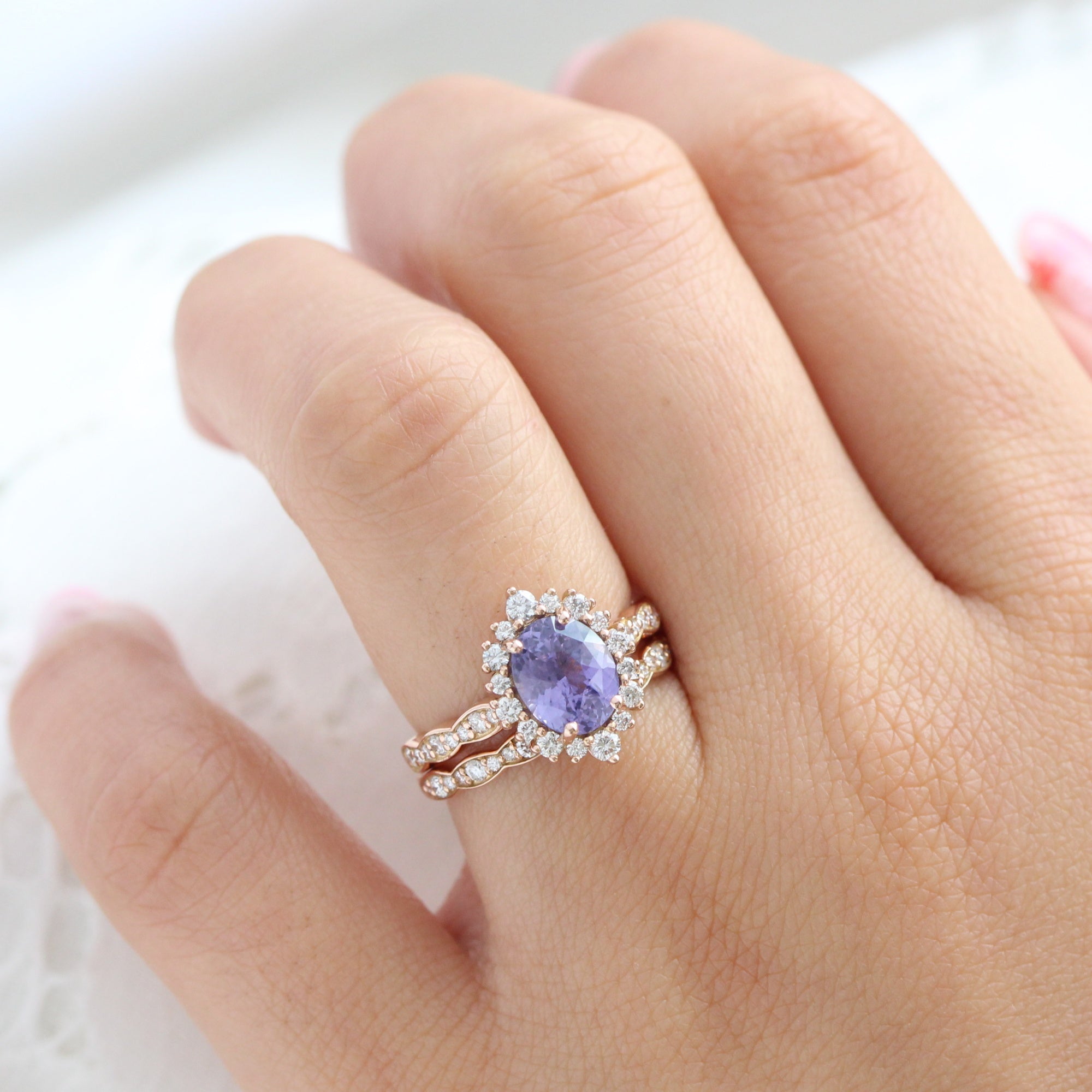 oval lavender sapphire ring rose gold halo diamond ring scalloped diamond band la more design jewelry