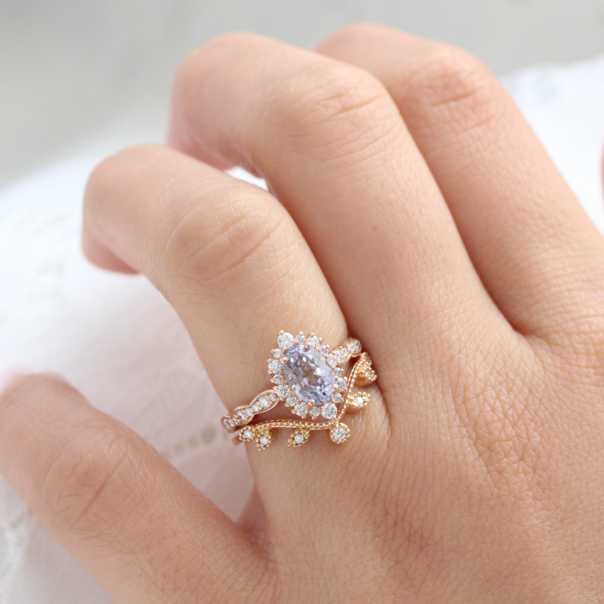 oval lavender sapphire ring rose gold halo diamond ring scalloped diamond band la more design jewelry