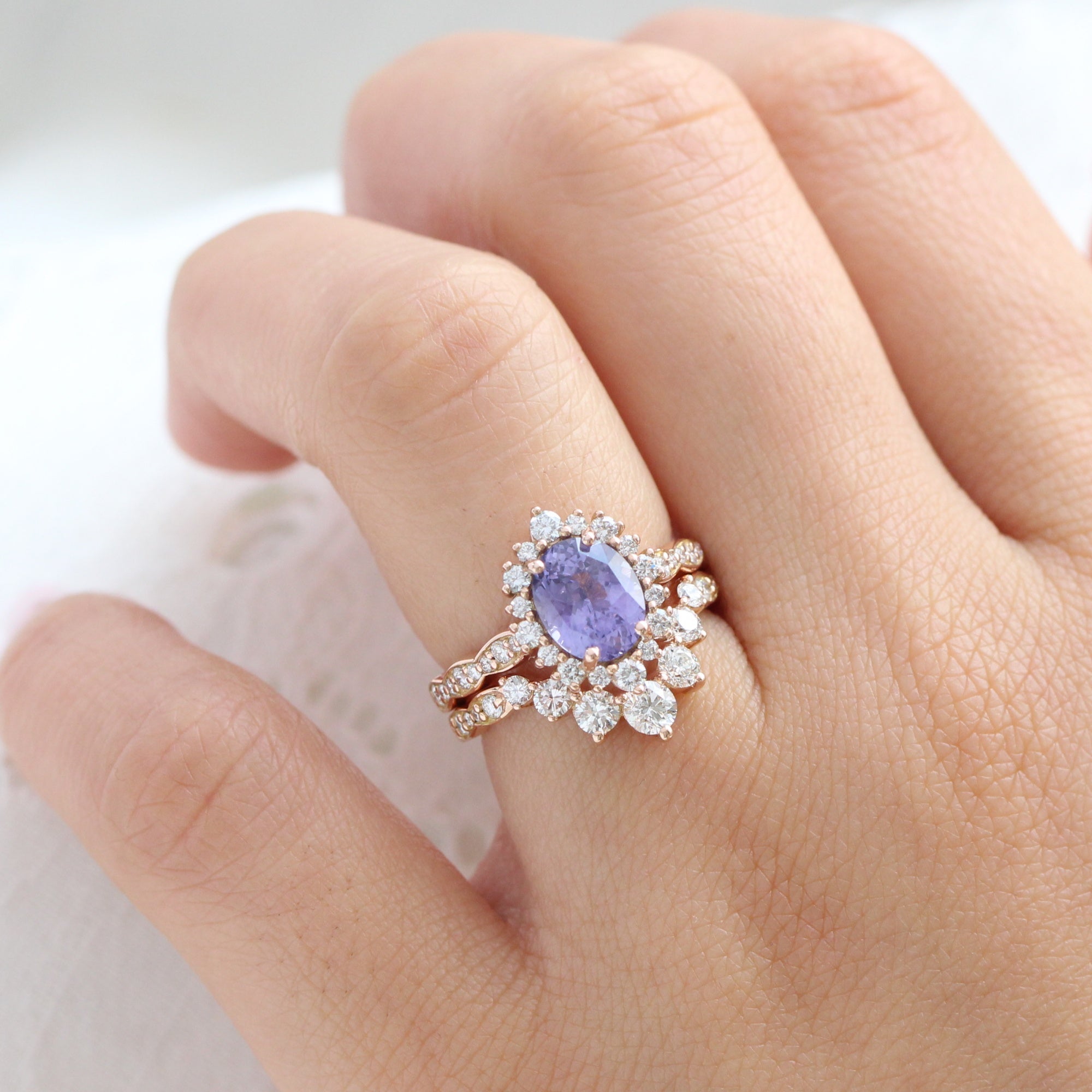 oval lavender sapphire ring rose gold halo diamond ring scalloped diamond band la more design jewelry