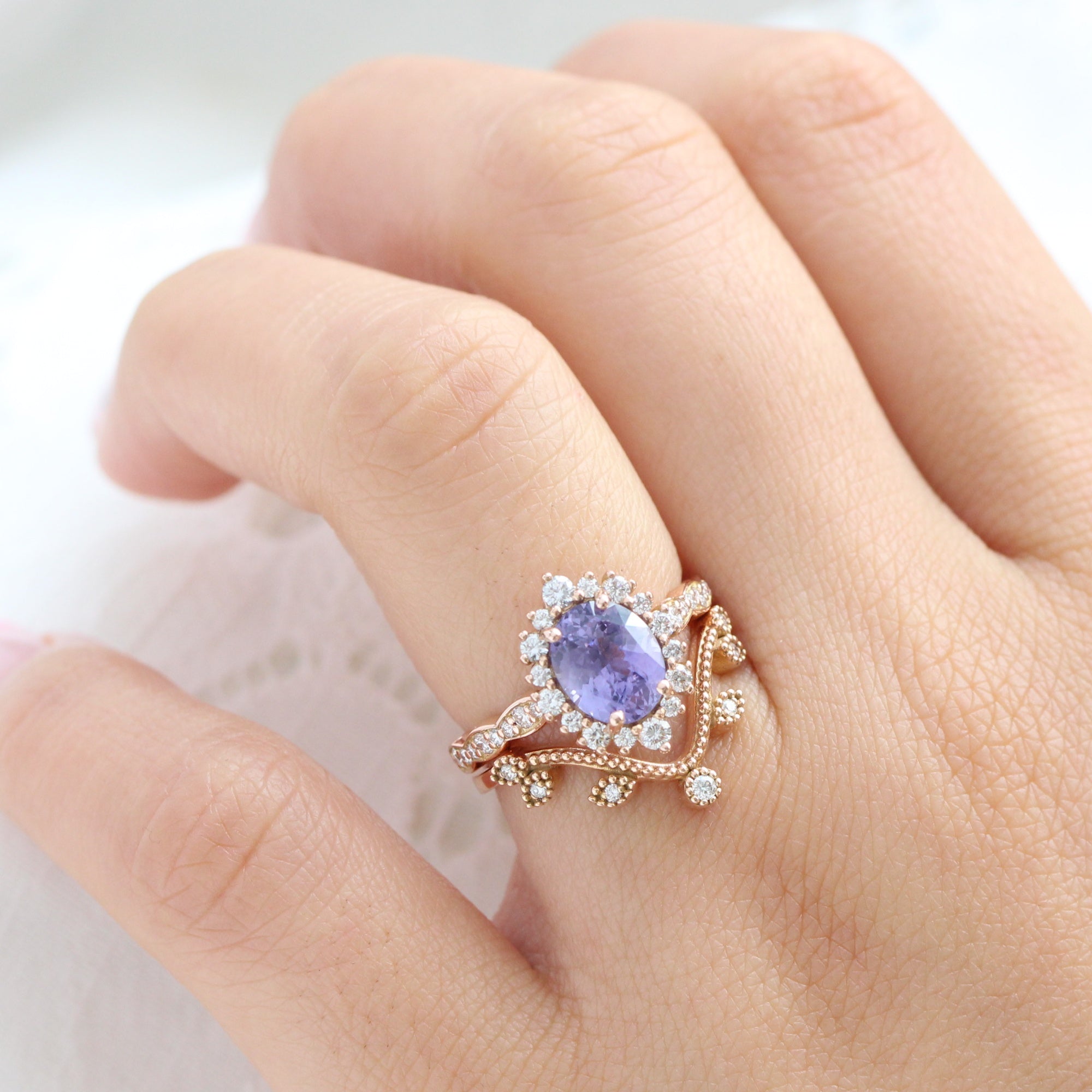 oval lavender sapphire ring rose gold halo diamond ring scalloped diamond band la more design jewelry