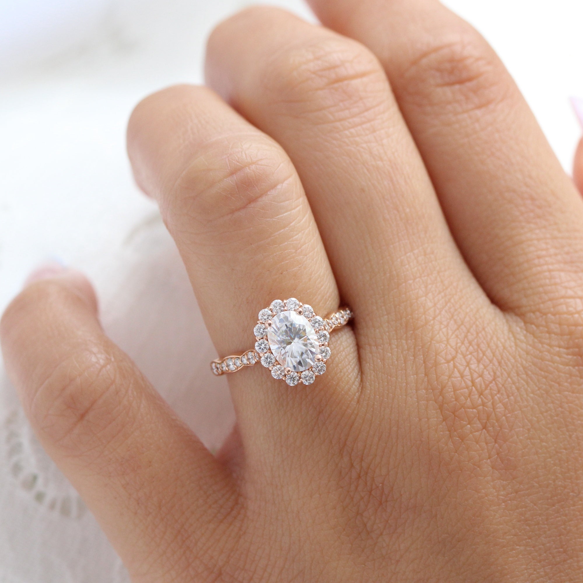 Luna Halo Oval Engagement Ring w/ Moissanite and Diamond in Scalloped Band