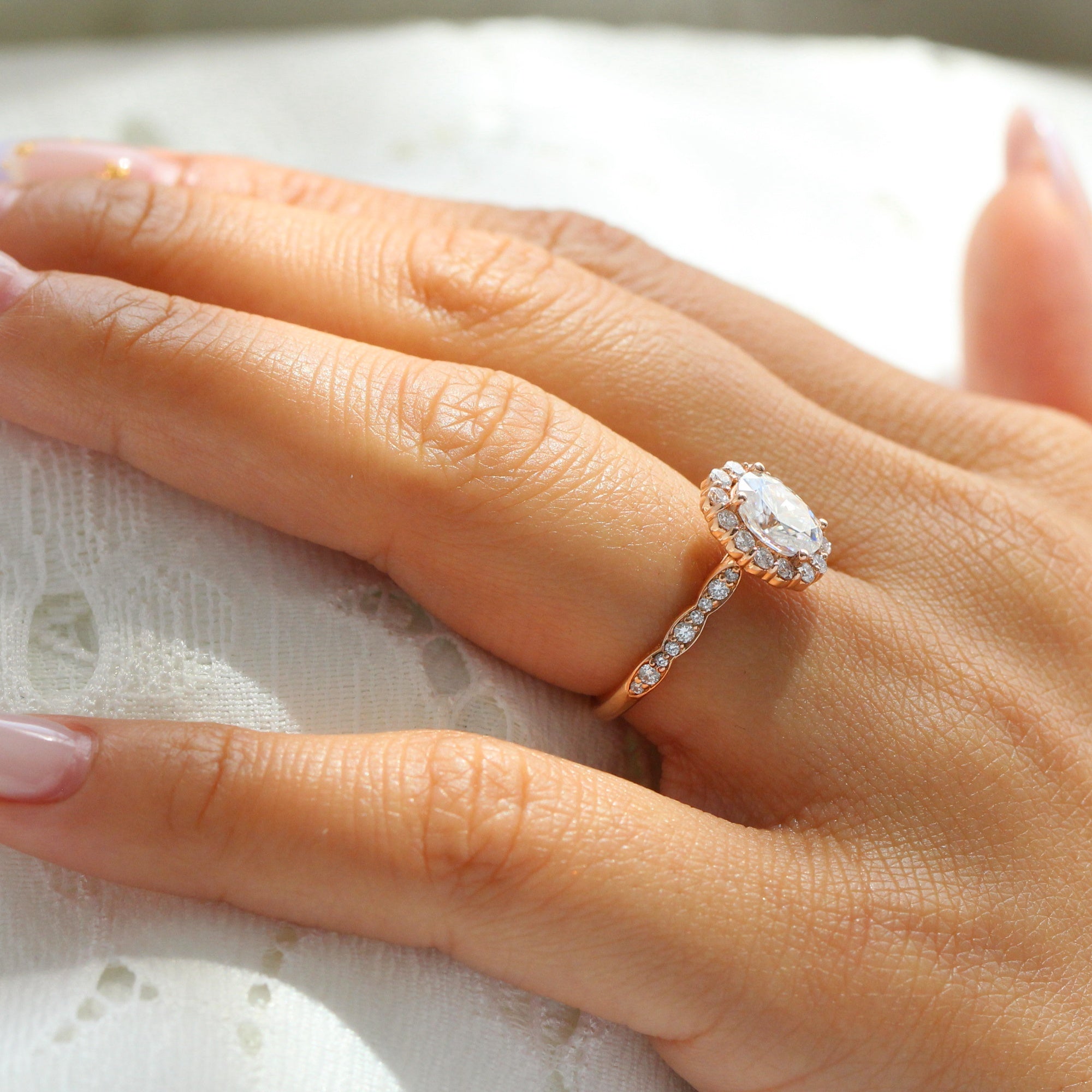 Luna Halo Oval Engagement Ring w/ Moissanite and Diamond in Scalloped Band