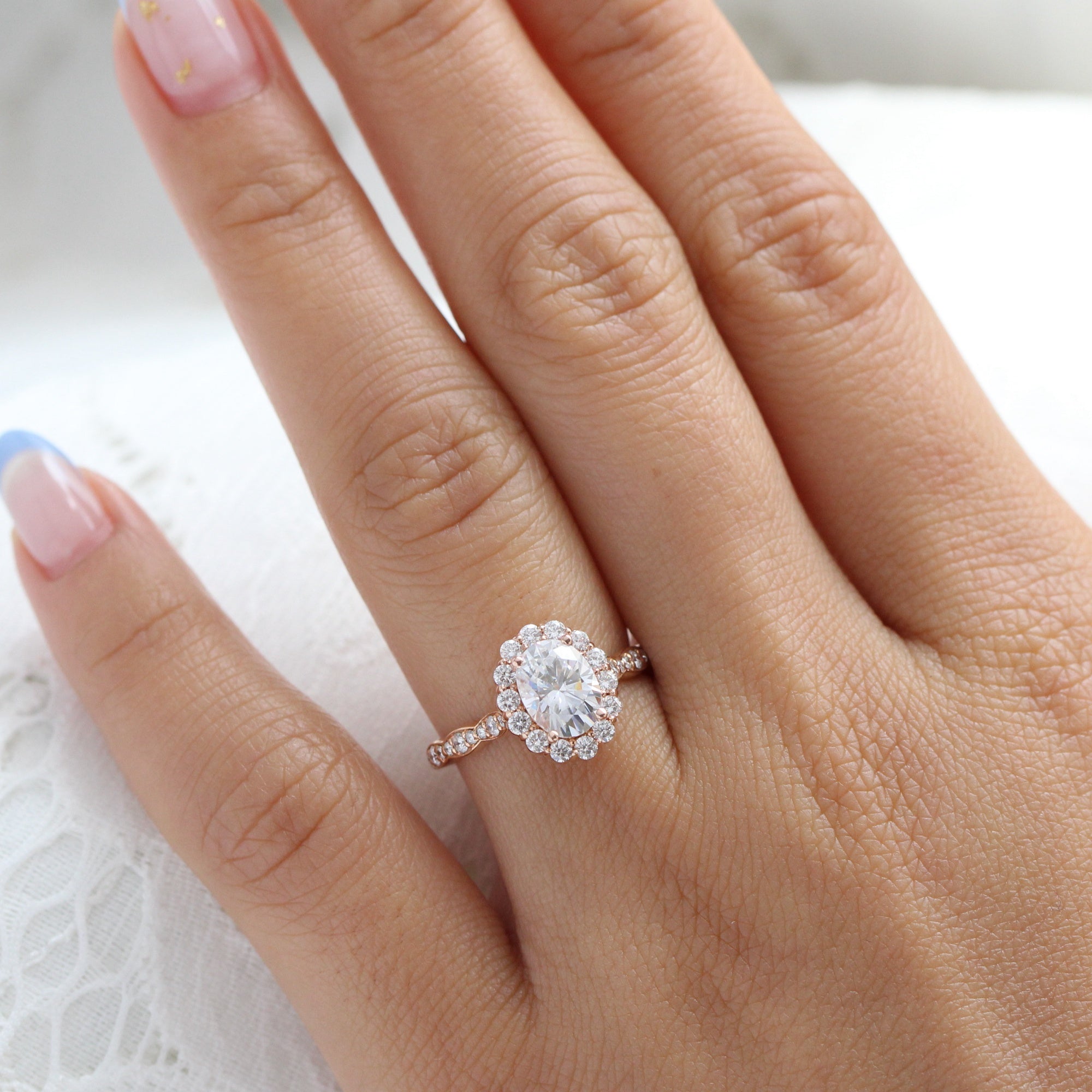 Luna Halo Oval Engagement Ring w/ Moissanite and Diamond in Scalloped Band