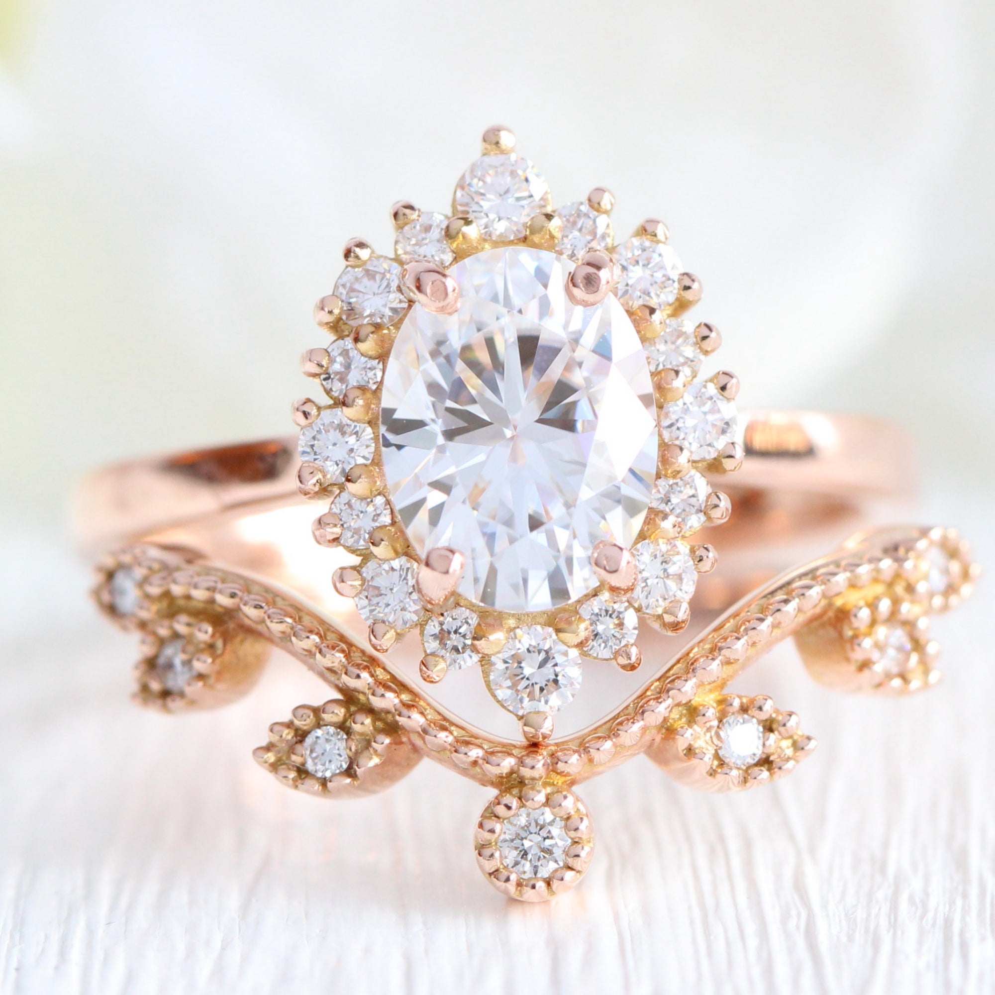 Tiara Halo Oval Ring Bridal Set w/ Moissanite and Curved Leaf Diamond Band