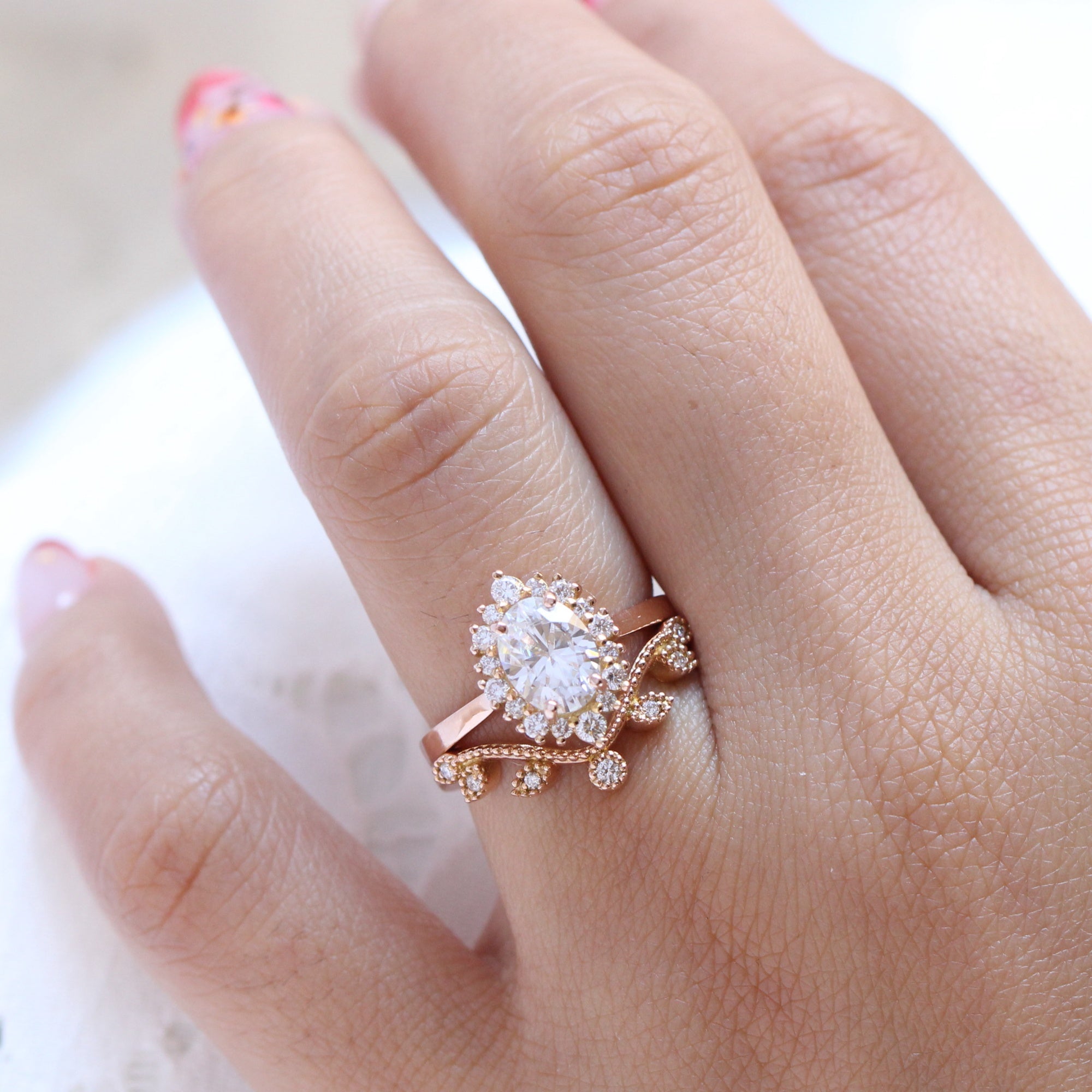 Tiara Halo Oval Ring Bridal Set w/ Moissanite and Curved Leaf Diamond Band
