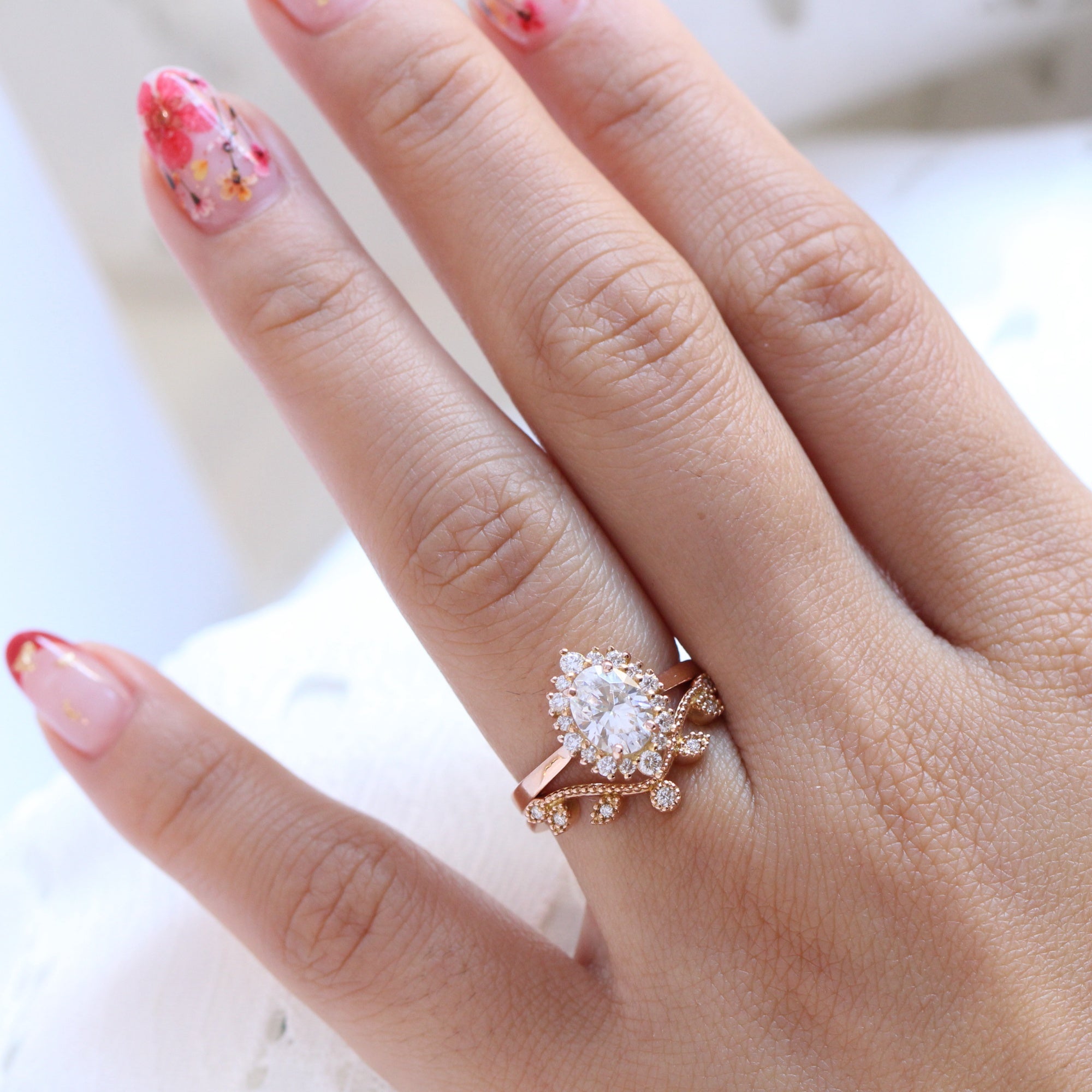 Tiara Halo Oval Ring Bridal Set w/ Moissanite and Curved Leaf Diamond Band