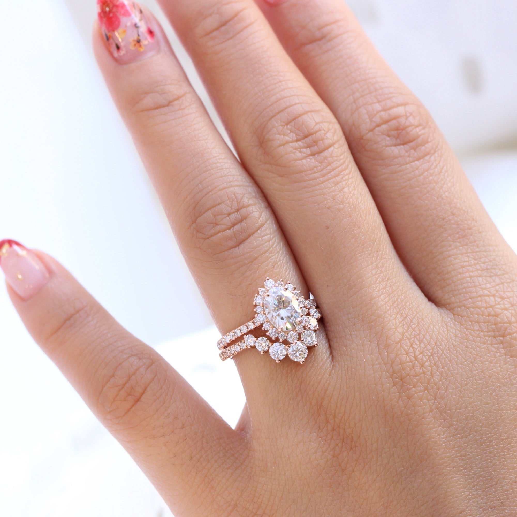 oval moissanite engagement ring rose gold U shaped diamond wedding ring stacking set la more design jewelry