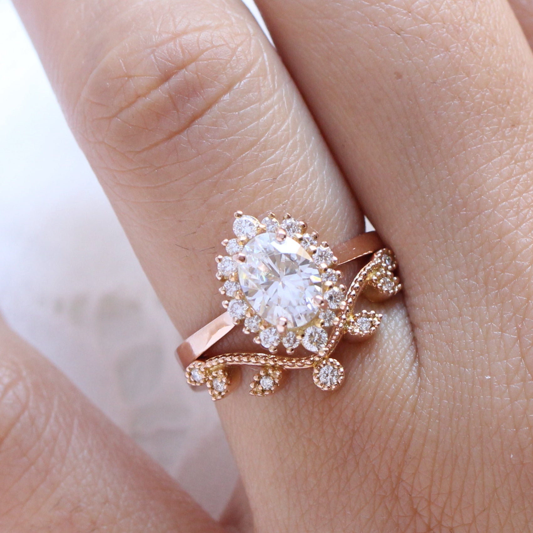 Tiara Halo Oval Ring Bridal Set w/ Moissanite and Curved Leaf Diamond Band