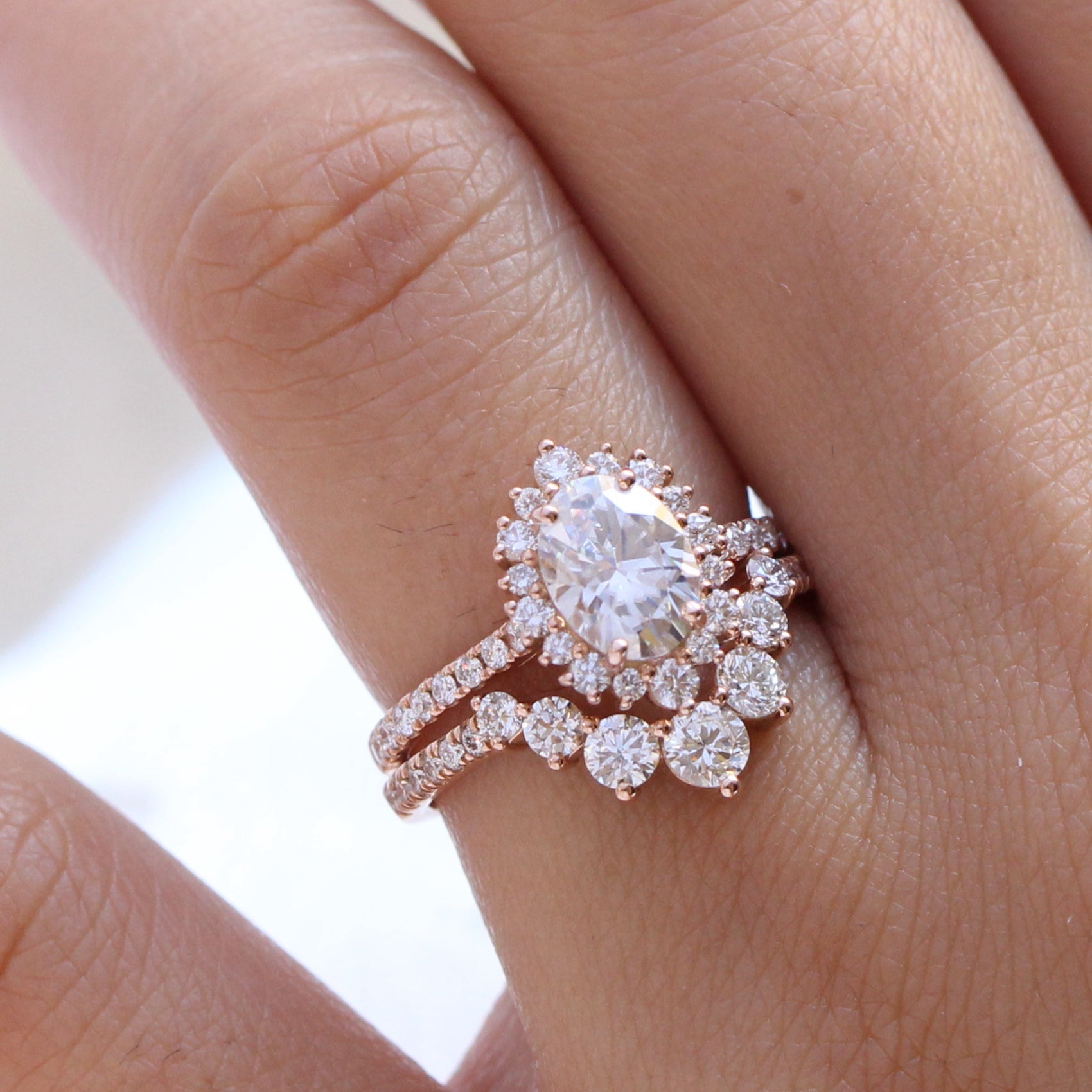 oval moissanite engagement ring rose gold U shaped diamond wedding ring stacking set la more design jewelry