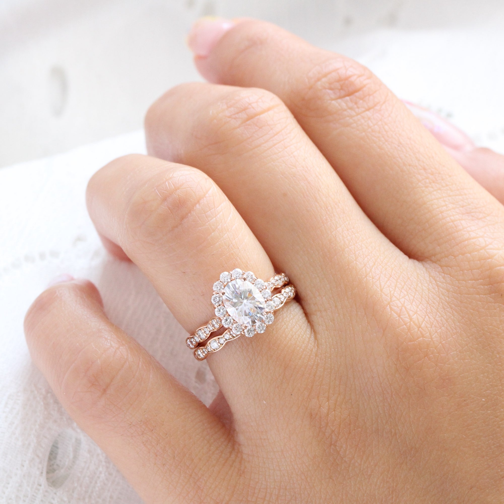 oval moissanite engagement ring rose gold bridal set halo diamond ring by la more design jewelry