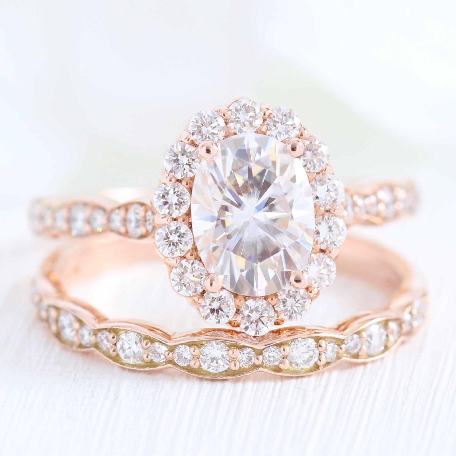 oval moissanite engagement ring rose gold bridal set halo diamond ring by la more design jewelry