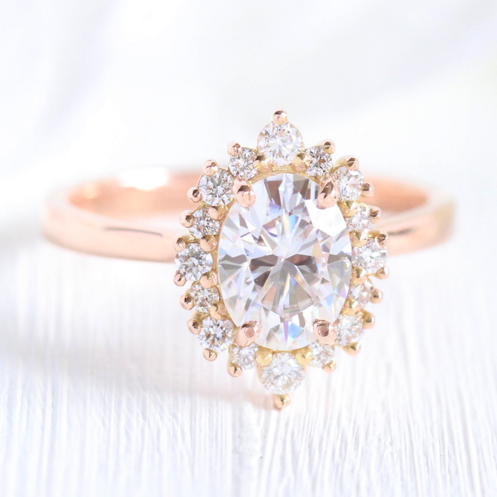 oval moissanite engagement ring rose gold halo cluster diamond ring by la more design jewelry