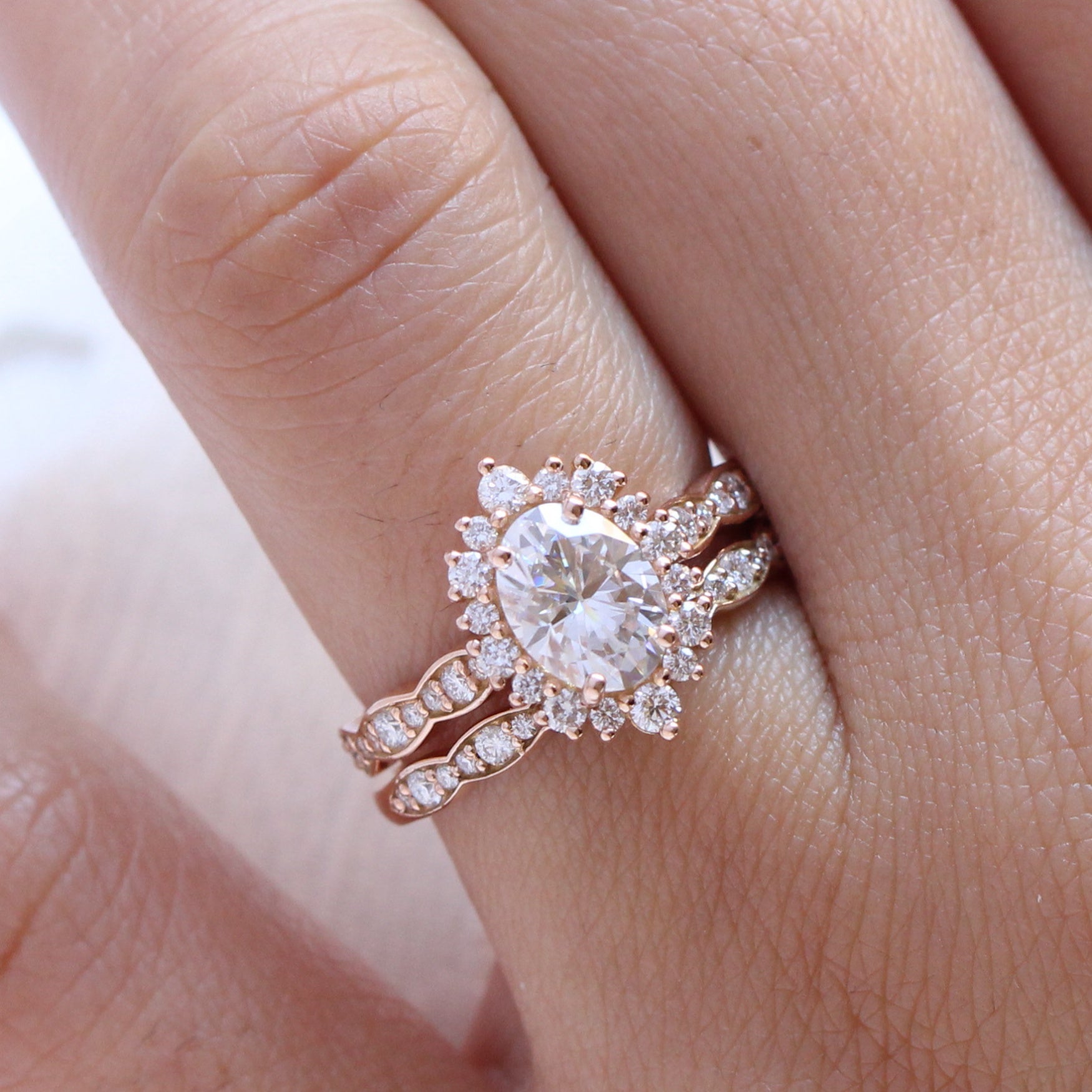 Tiara Halo Oval Engagement Ring w/ Moissanite and Diamond in Scalloped Band