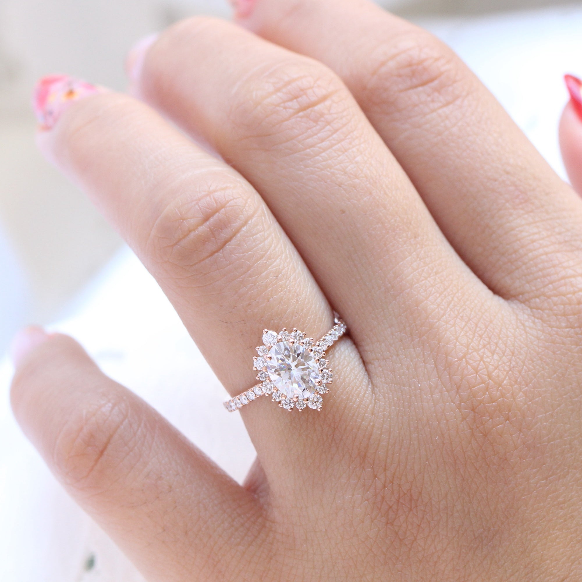 oval moissanite engagement ring rose gold halo diamond ring low profile ring by la more design jewelry