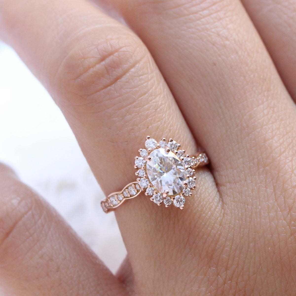 oval moissanite engagement ring rose gold in halo diamond cluster band by la more design jewelry