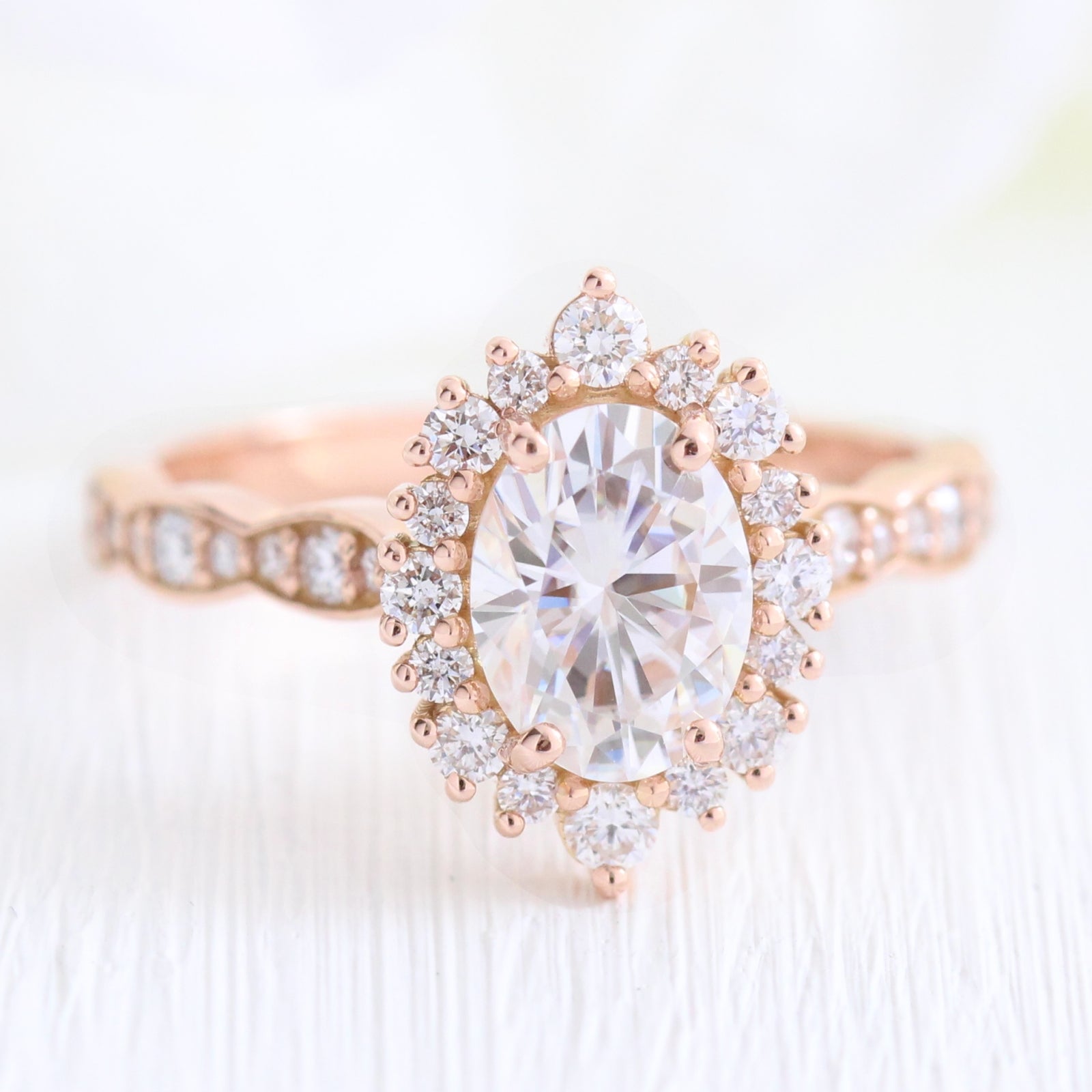 oval moissanite engagement ring rose gold in halo diamond cluster band by la more design jewelry