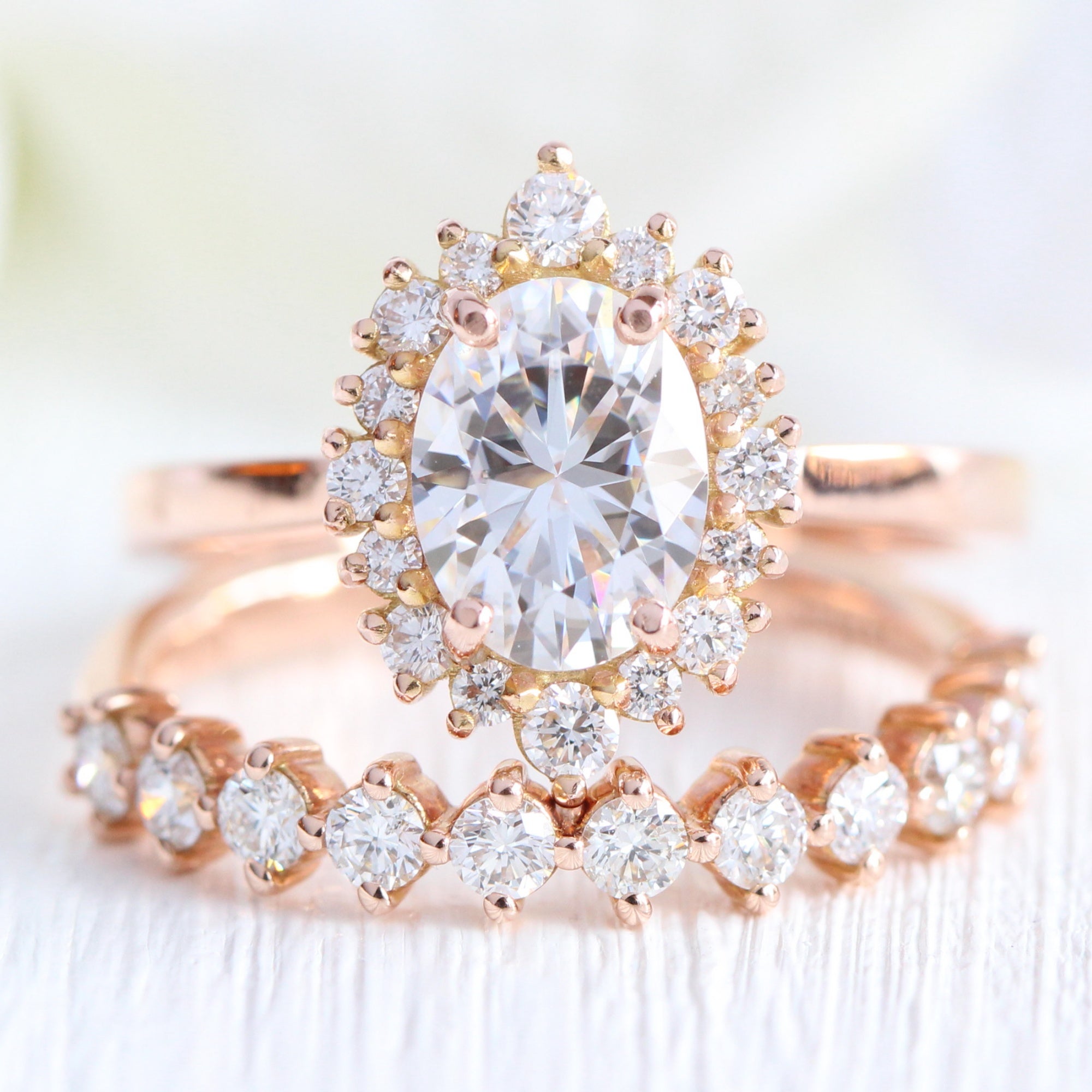 oval moissanite engagement ring rose gold pave diamond wedding ring stacking set la more design jewelry