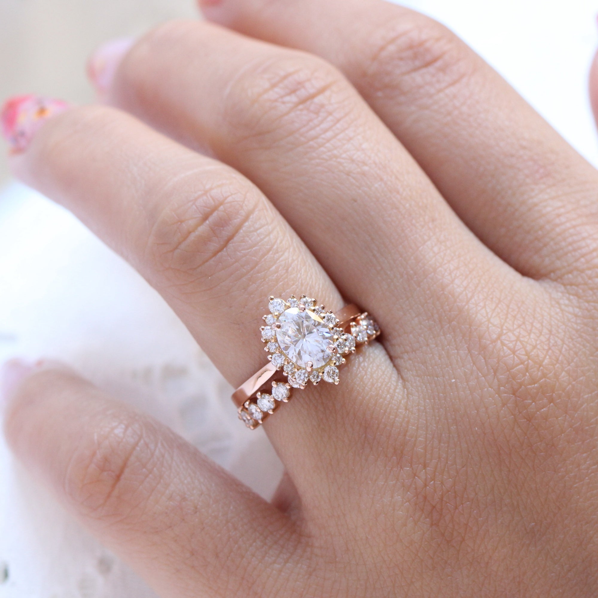 oval moissanite engagement ring rose gold pave diamond wedding ring stacking set la more design jewelry