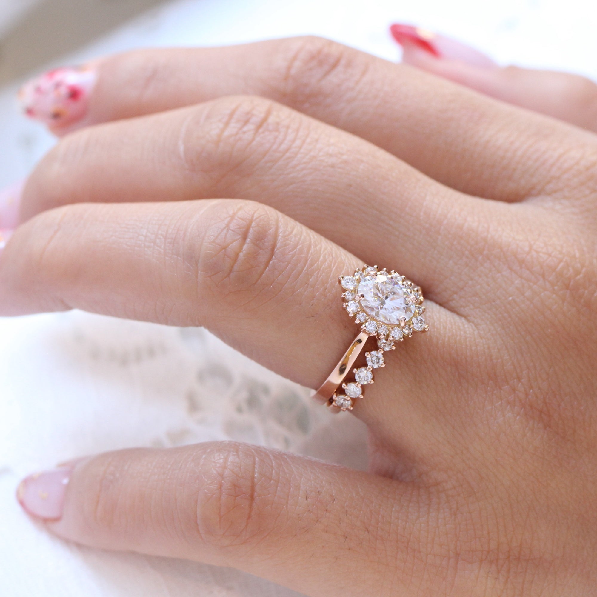 oval moissanite engagement ring rose gold pave diamond wedding ring stacking set la more design jewelry