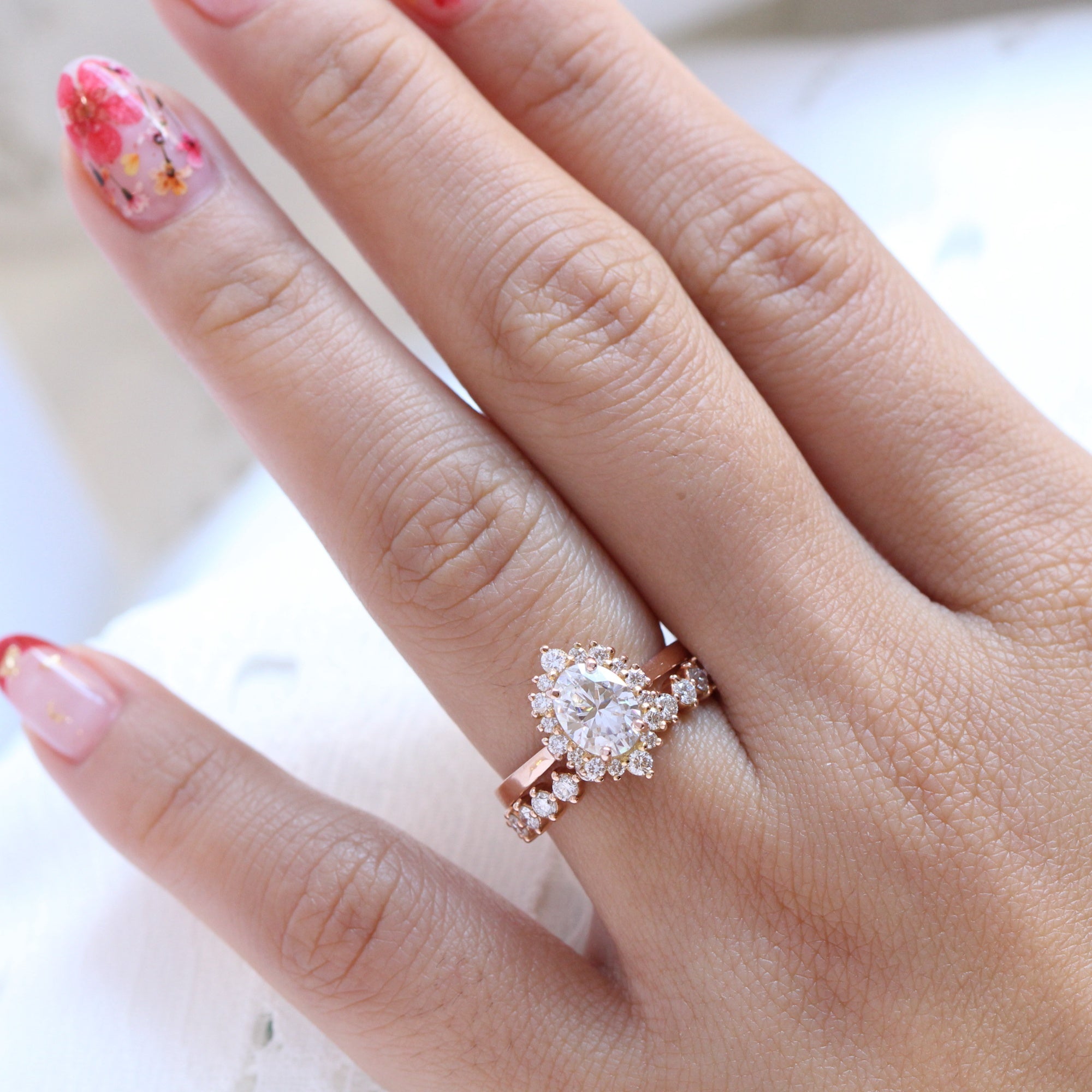 oval moissanite engagement ring rose gold pave diamond wedding ring stacking set la more design jewelry