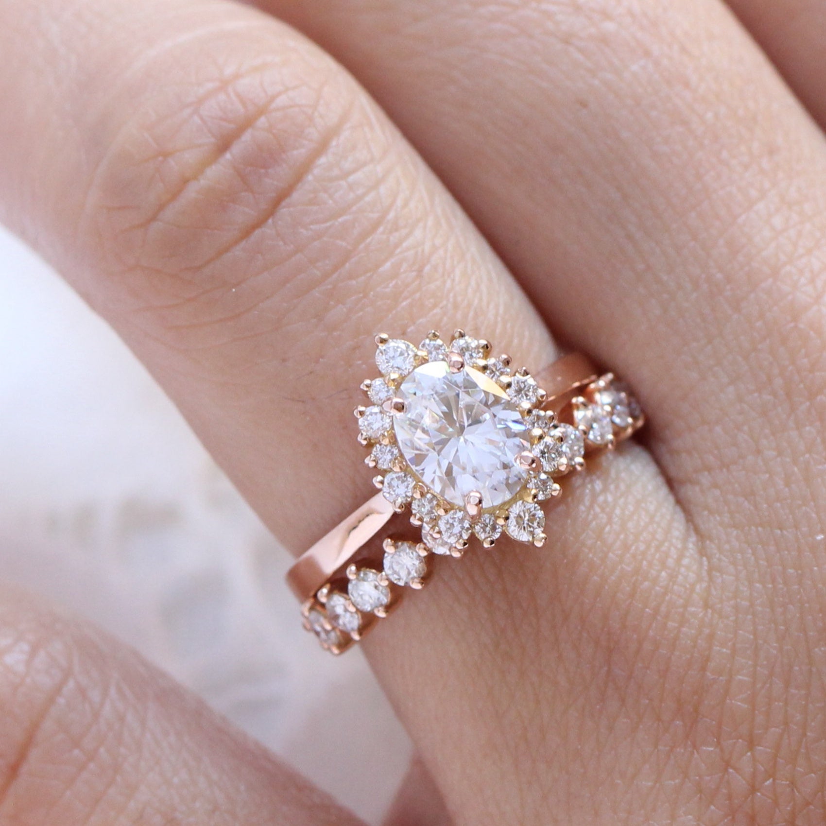 oval moissanite engagement ring rose gold pave diamond wedding ring stacking set la more design jewelry