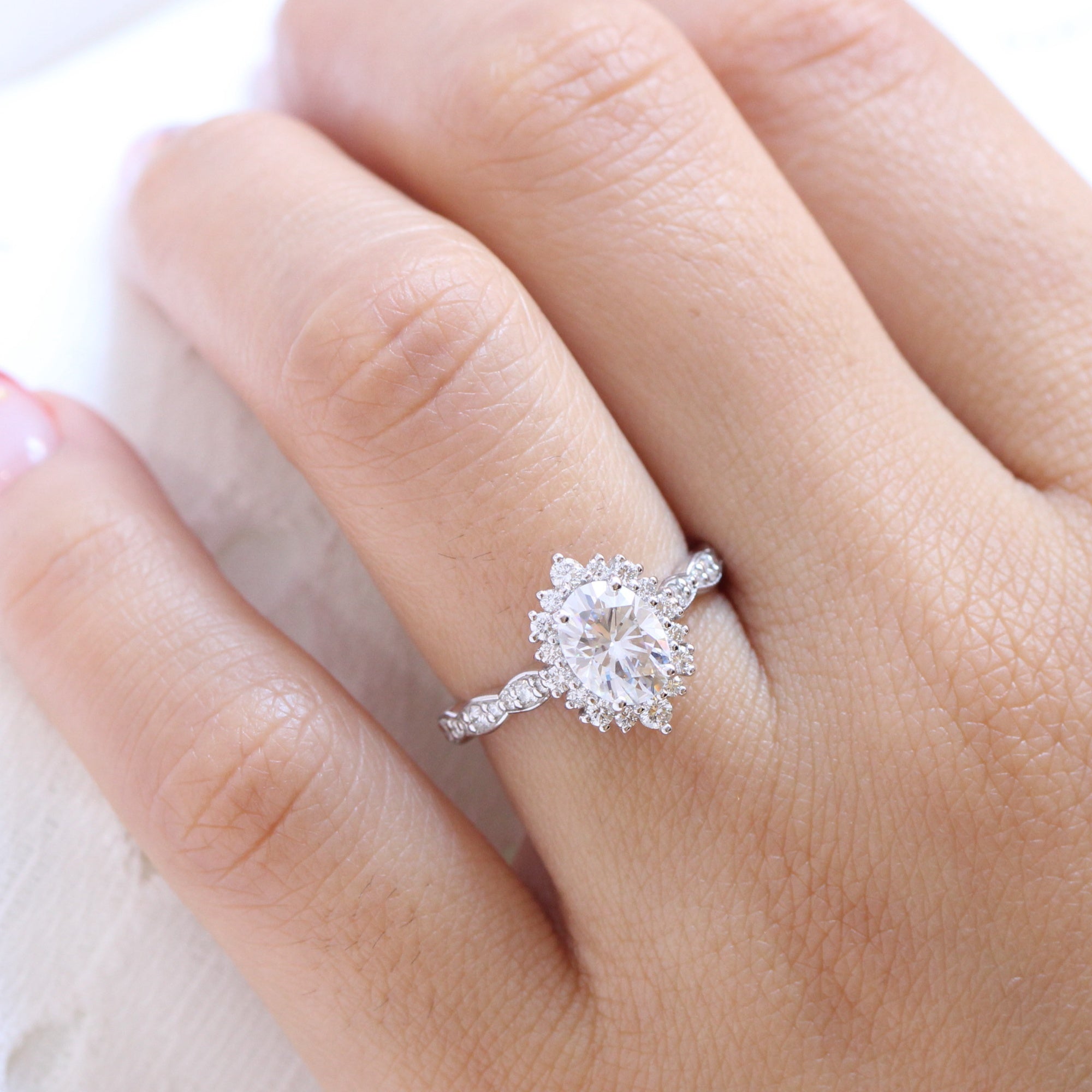 oval moissanite engagement ring white gold halo diamond cluster band by la more design jewelry