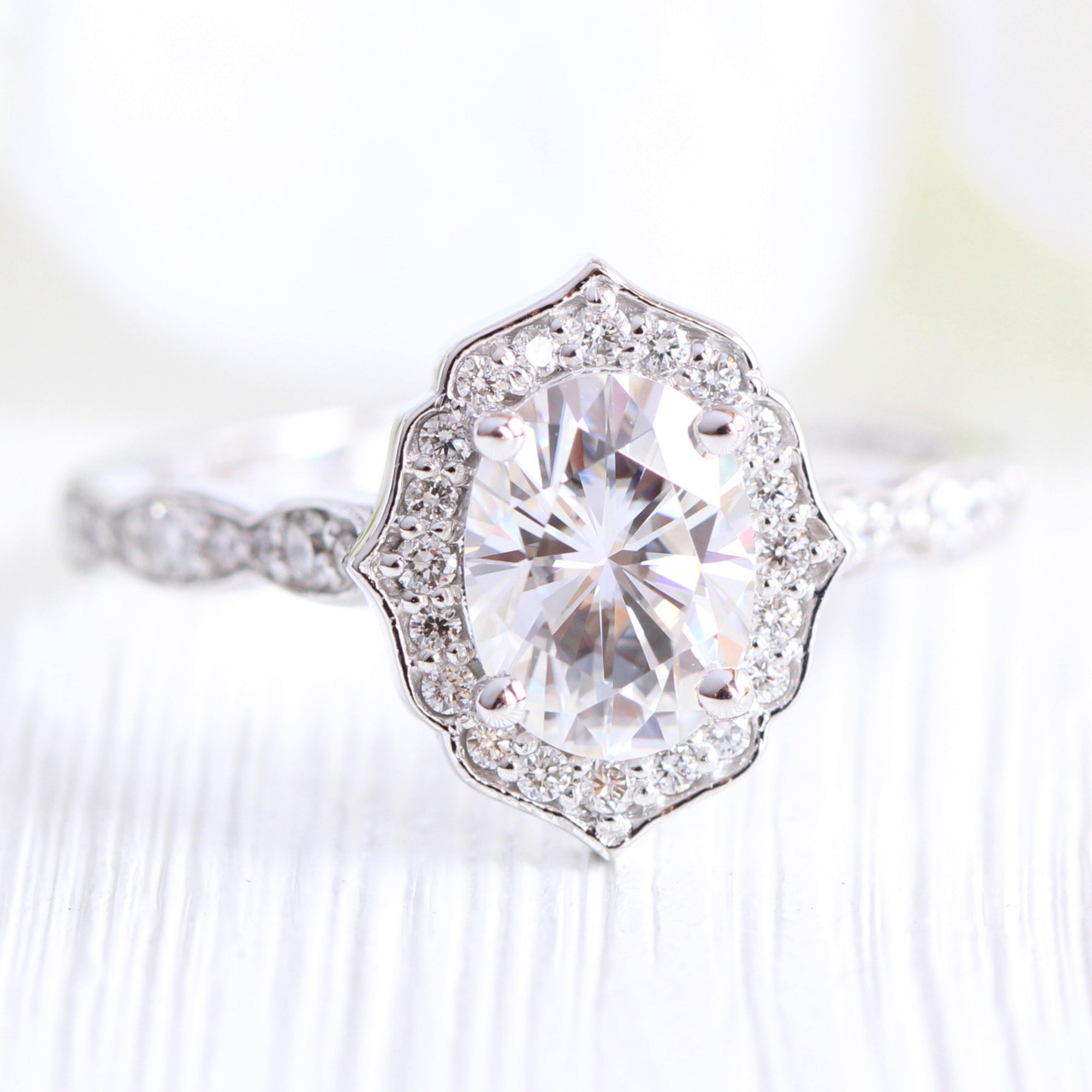 Vintage floral sales halo engagement ring