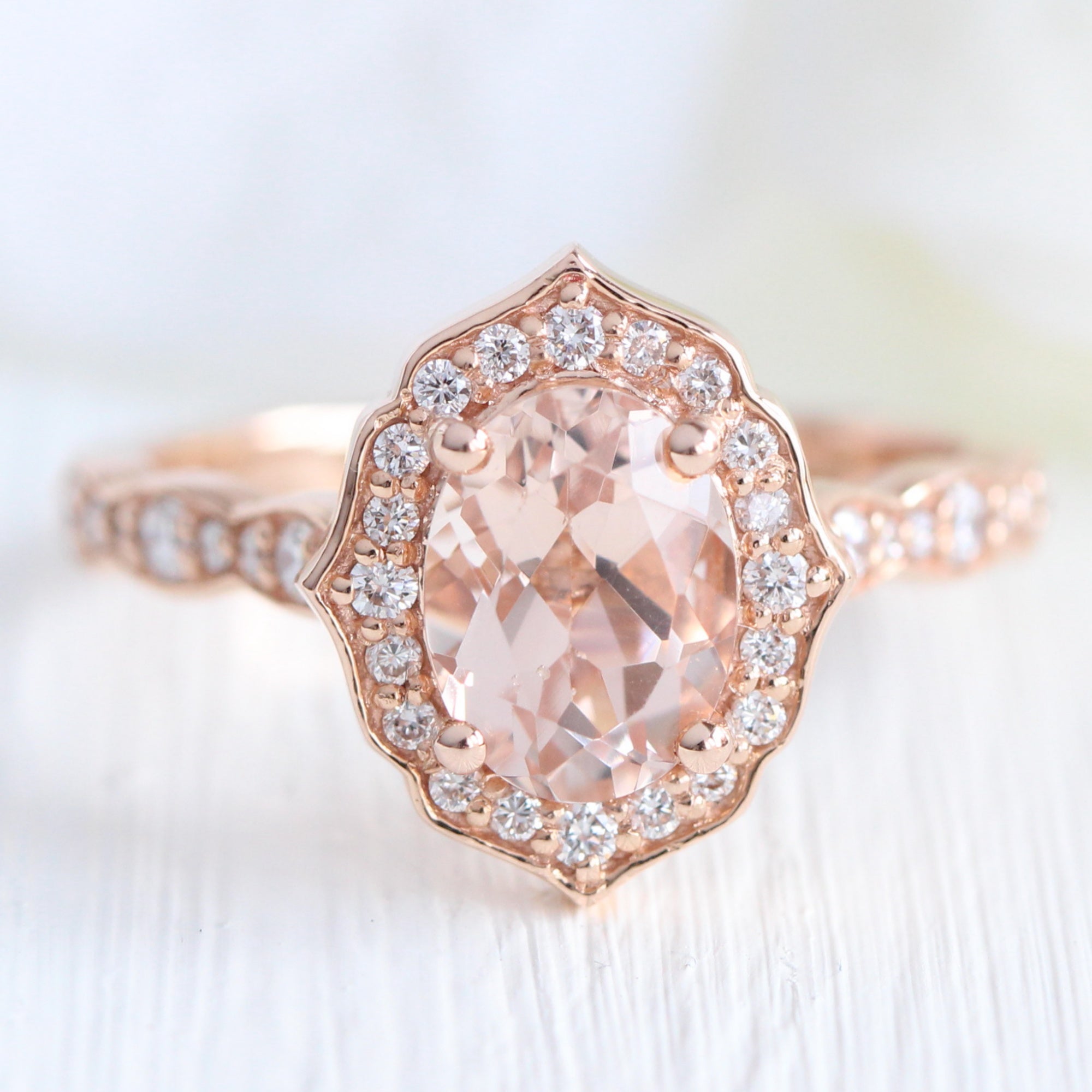 Morganite Engagement Ring Set, Cushion Cut Peach Pink Morganite Wedding Ring  Set, 14K White Gold Halo Pave 1.76 Carat Certified Handmade