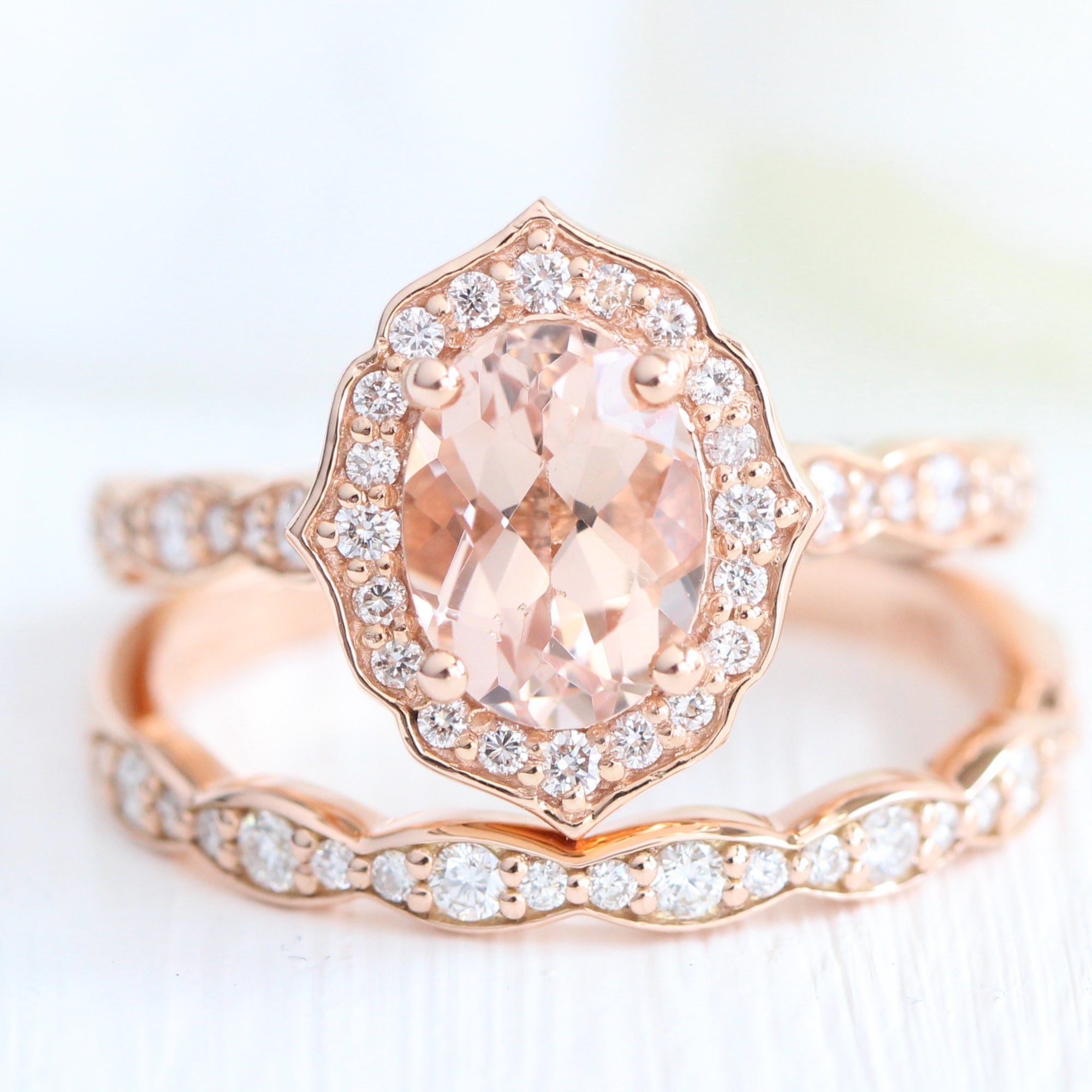 oval morganite ring stack rose gold vintage halo diamond ring la more design jewelry