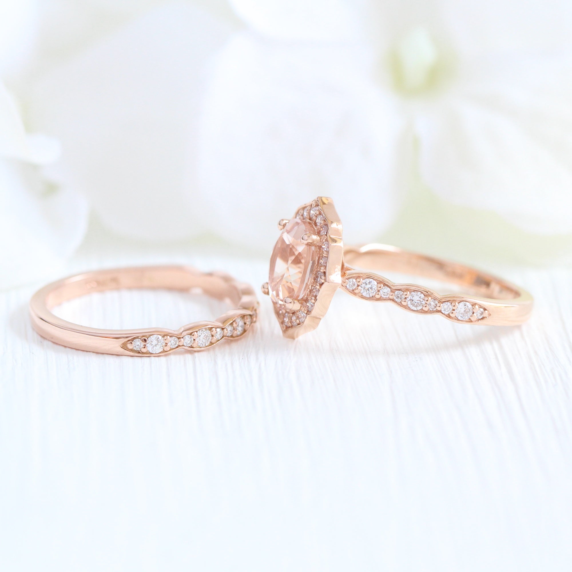 vintage halo diamond morganite ring stack rose gold curved wedding band la more design jewelry