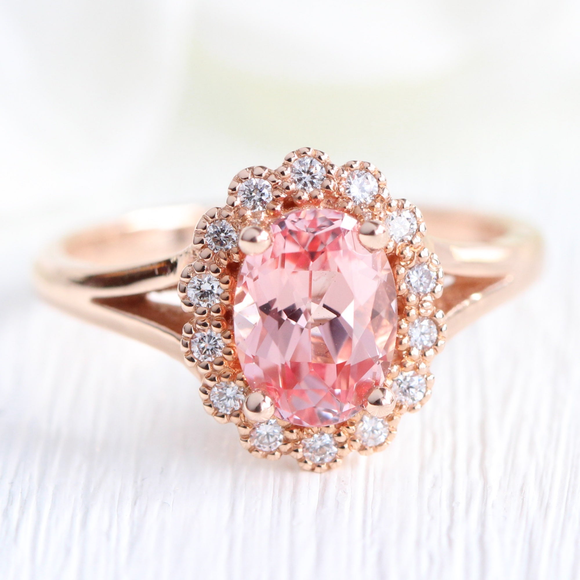 oval peach sapphire engagement ring in rose gold halo diamond band by la more design jewelry