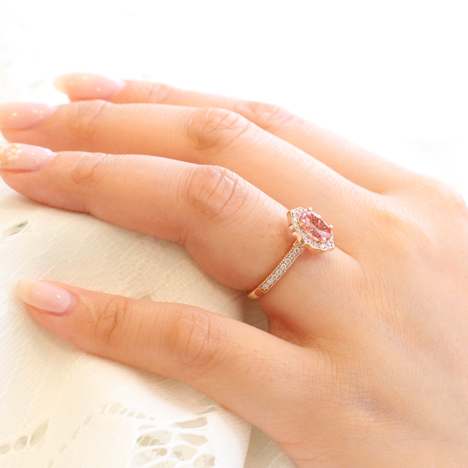 oval peach sapphire ring in rose gold vintage floral diamond band by la more design jewelry
