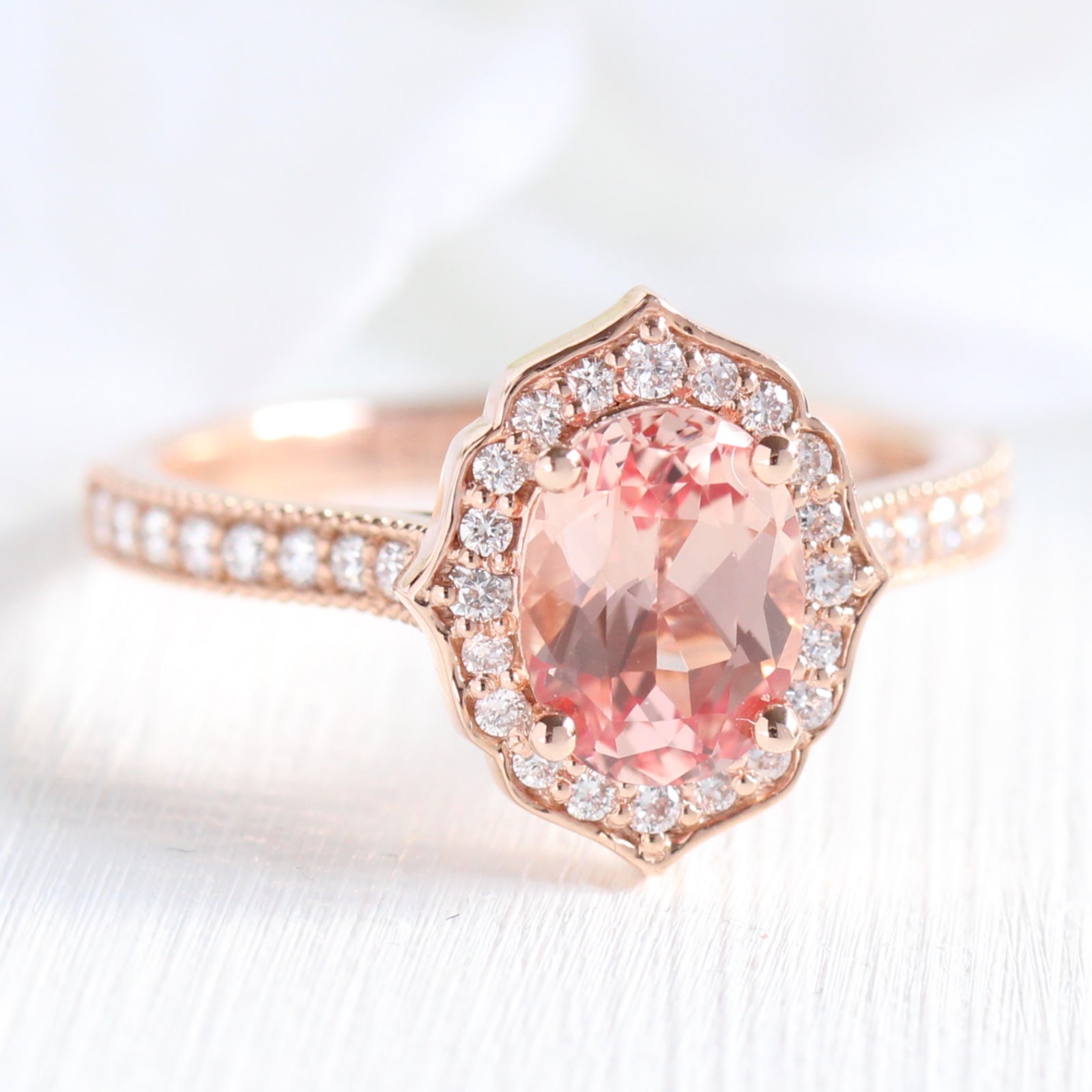oval peach sapphire ring in rose gold vintage floral diamond band by la more design jewelry