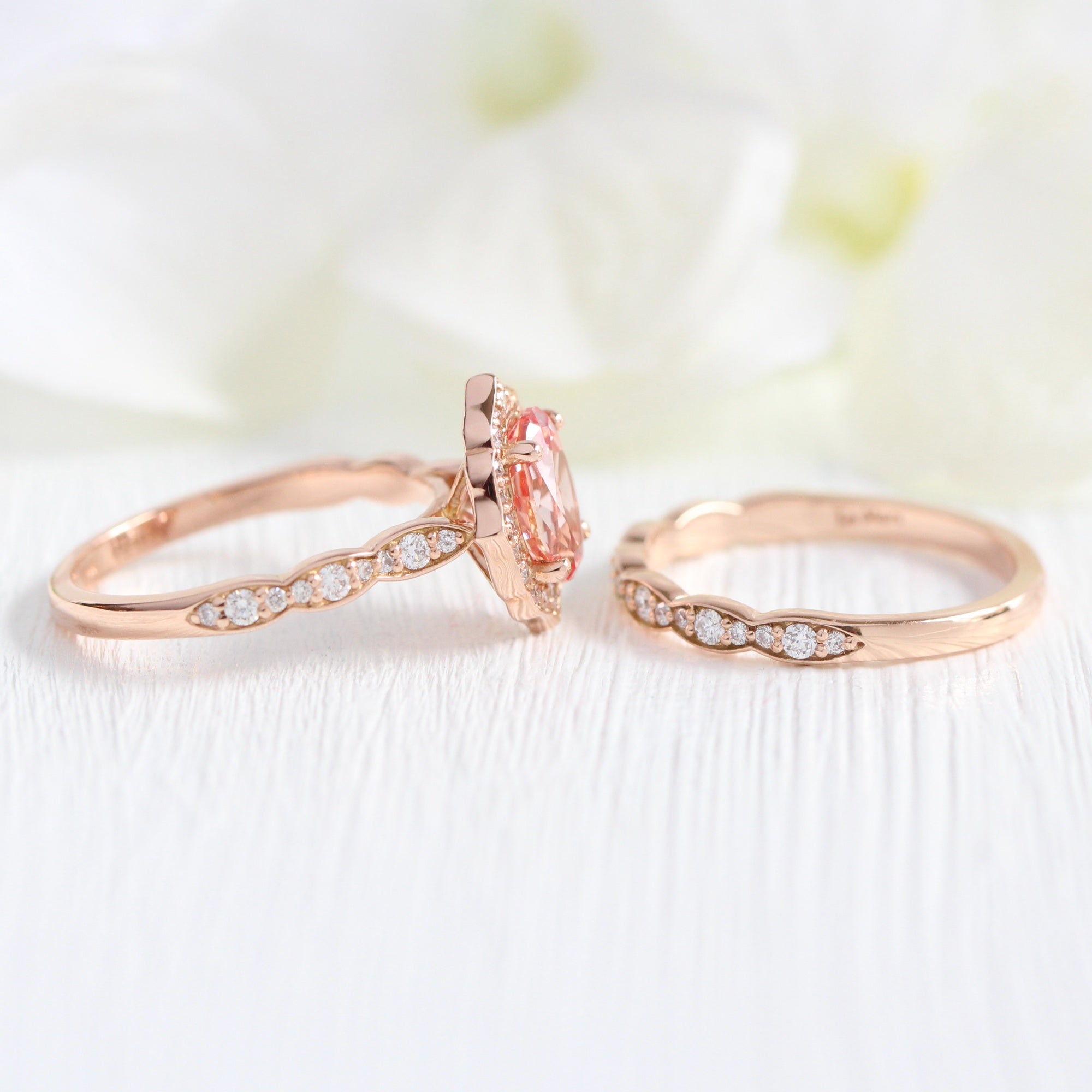 oval peach sapphire ring bridal set in rose gold vintage floral diamond band by la more design jewelry