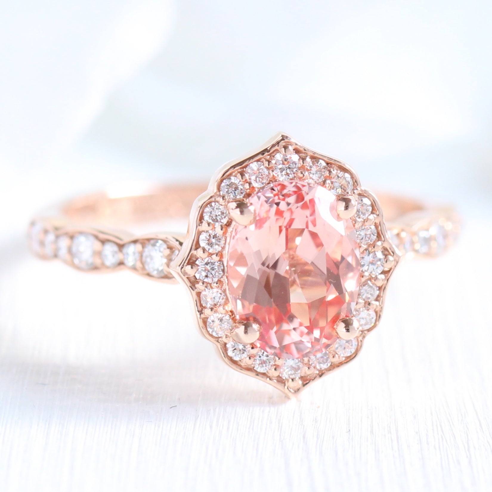 Vintage Floral Oval Ring Bridal Set w/ Peach Sapphire and Curved Leaf Diamond Band