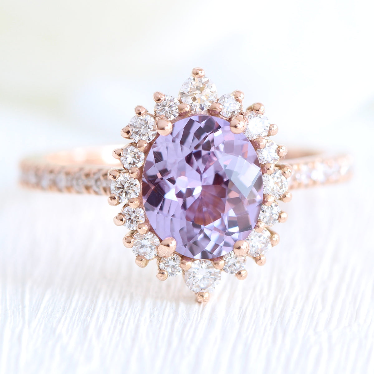 oval purple sapphire ring rose gold halo diamond ring pave diamond band la more design jewelry