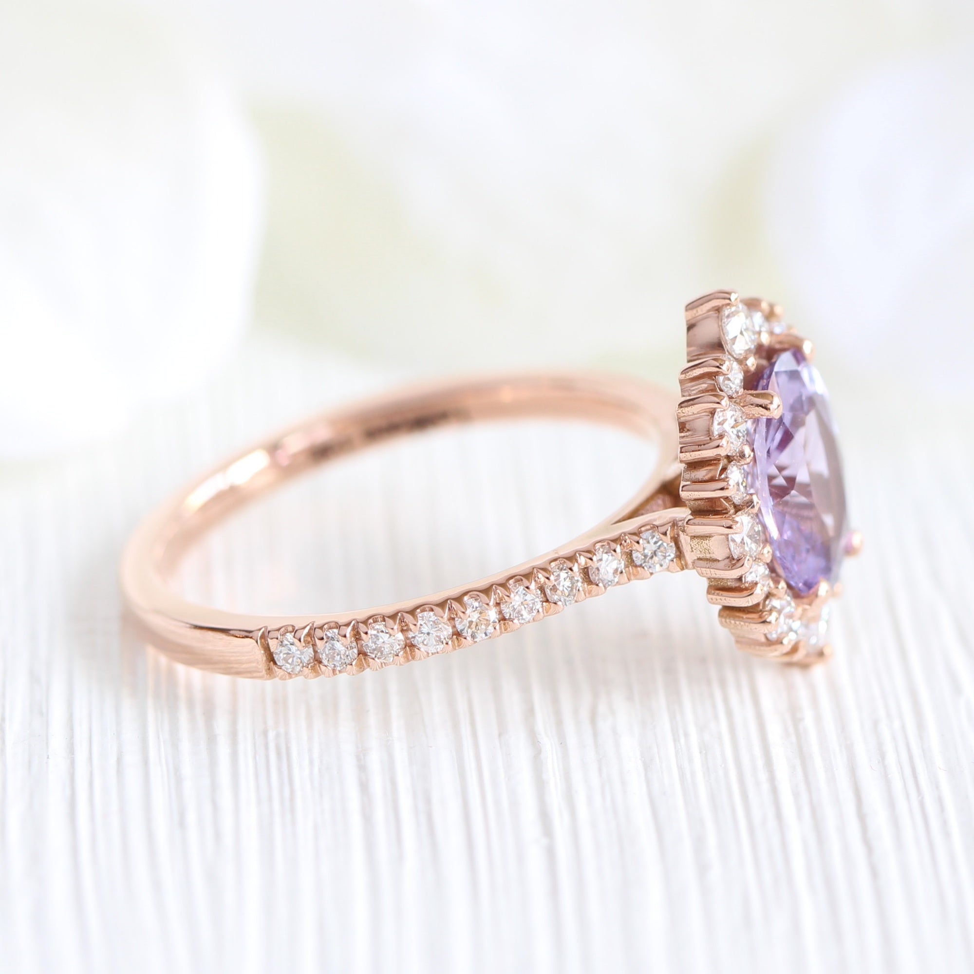 oval purple sapphire ring rose gold halo diamond ring pave diamond band la more design jewelry