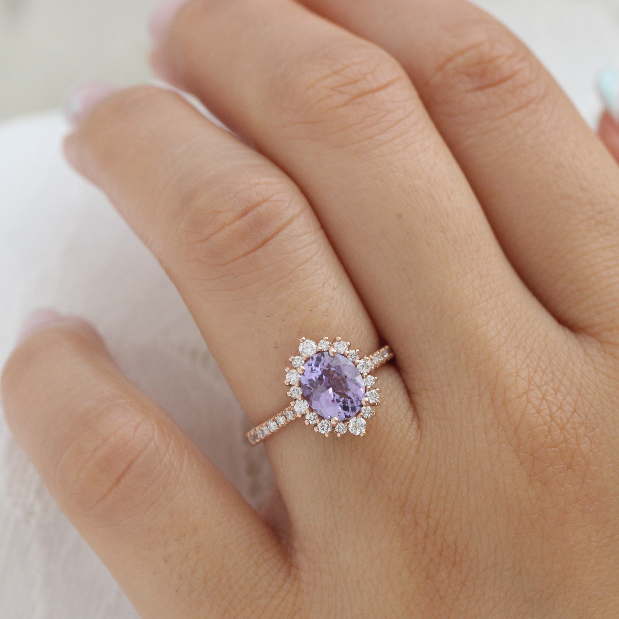 oval purple sapphire ring rose gold halo diamond ring pave diamond band la more design jewelry