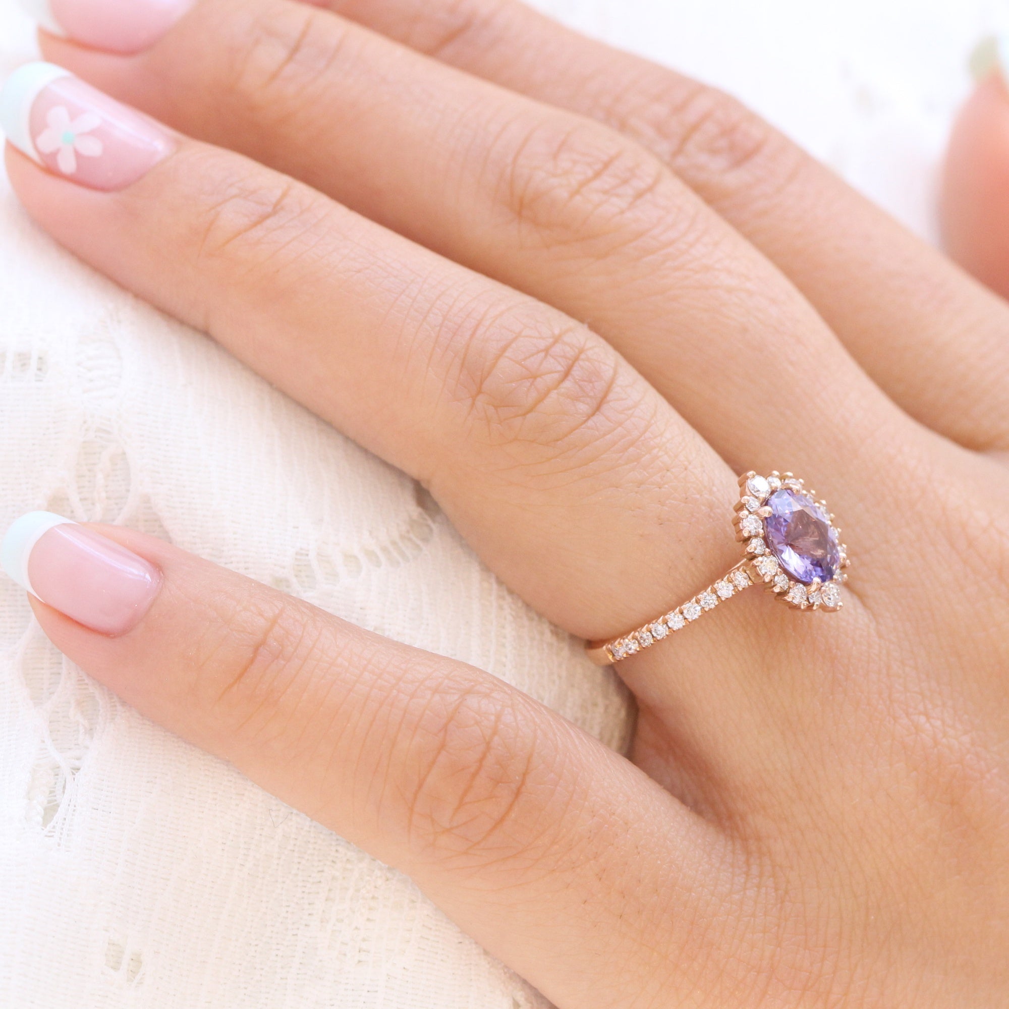 oval purple sapphire ring rose gold halo diamond ring pave diamond band la more design jewelry