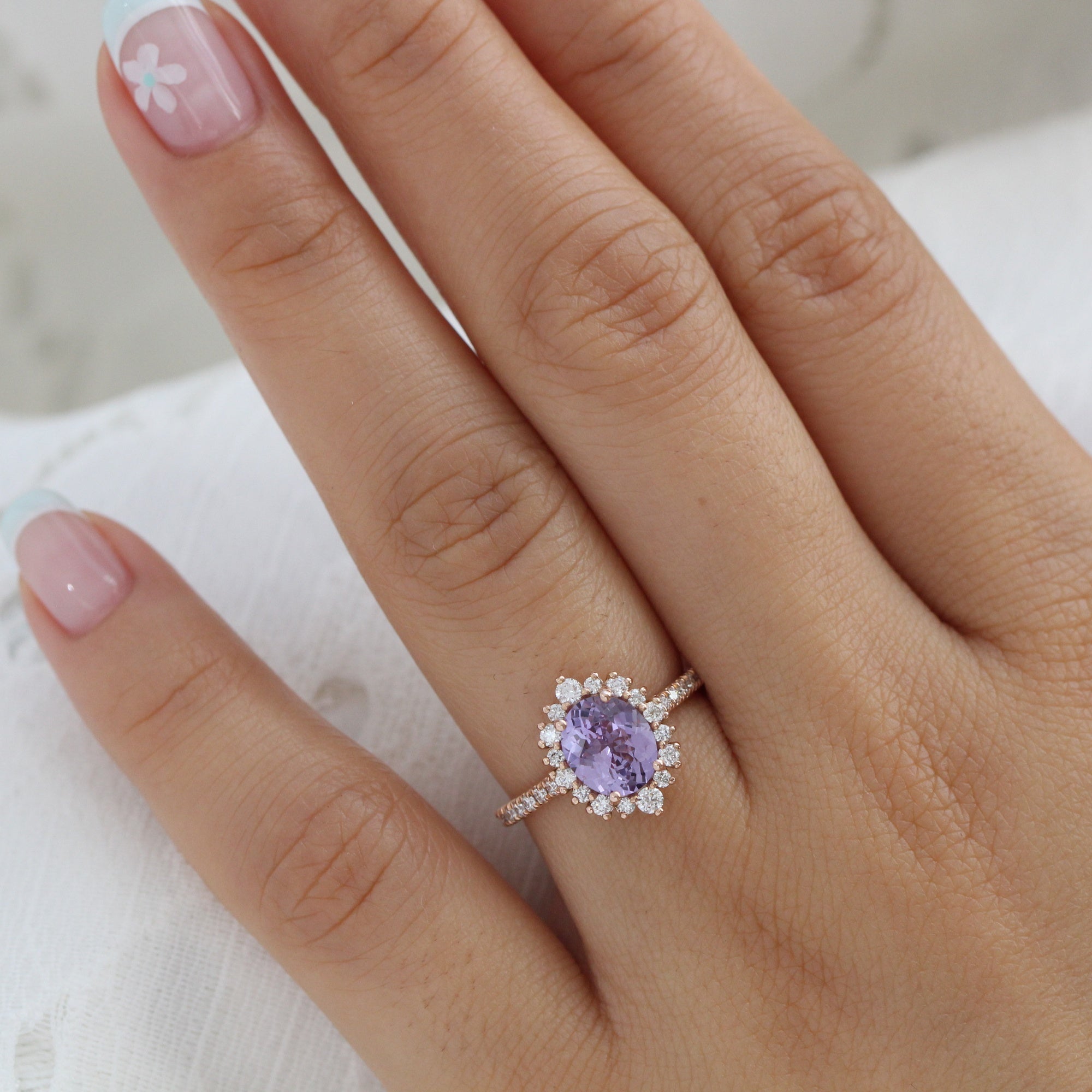 oval purple sapphire ring rose gold halo diamond ring pave diamond band la more design jewelry